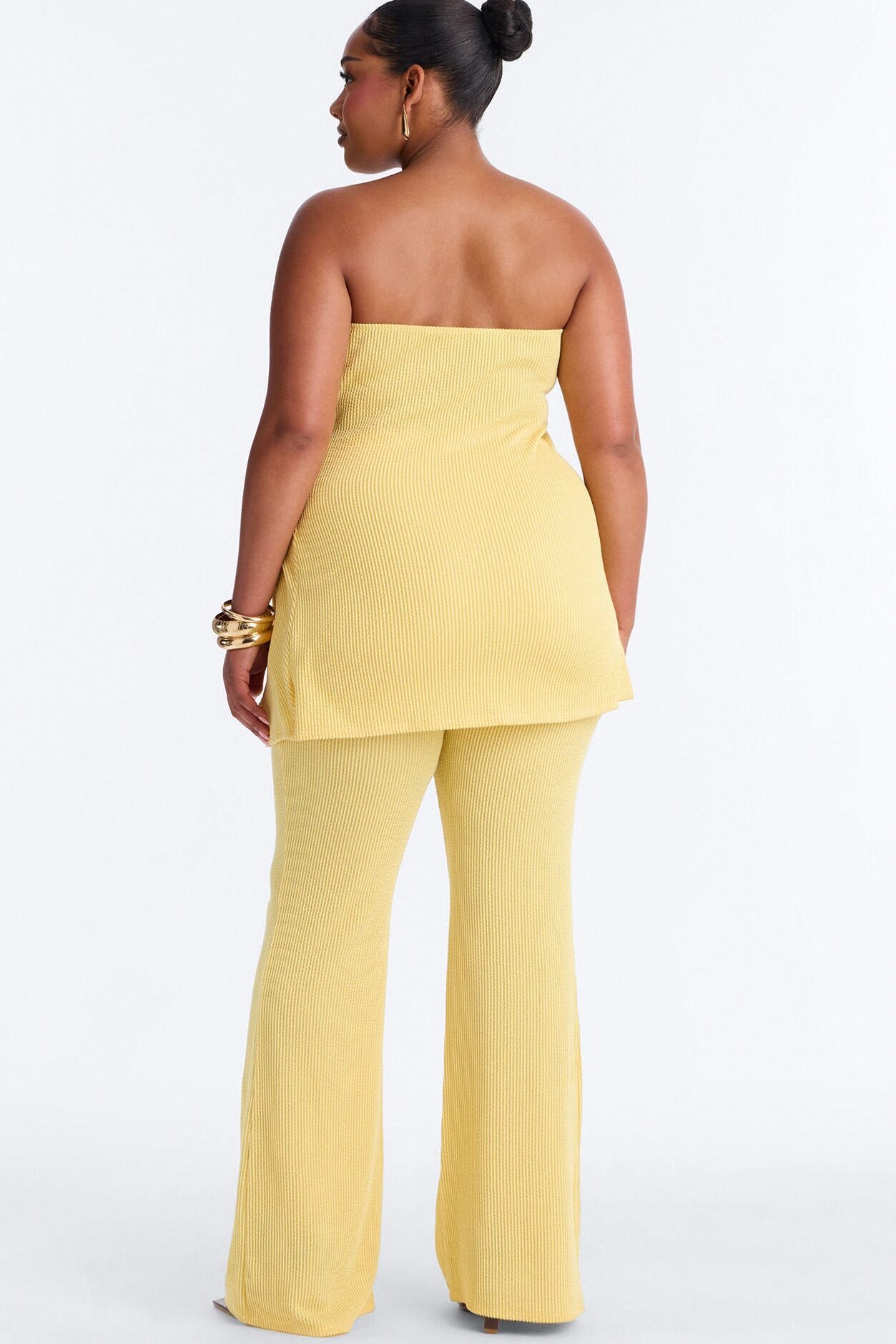 Mona Textured Strapless Flare Pant Set - Yellow