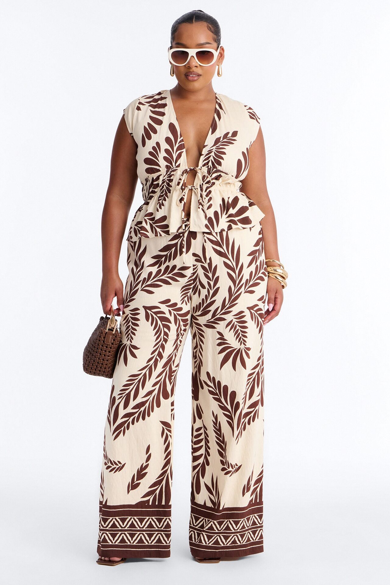 Soriana Linen Floral Pant Set - Brown Combo
