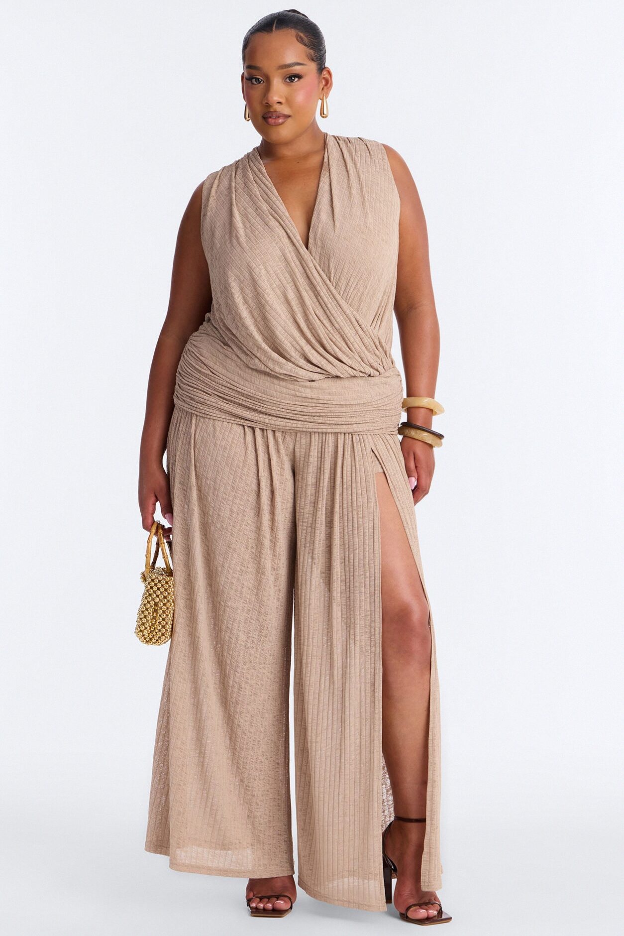 Romy Beaded Wide Leg Slit Jumpsuit - Taupe