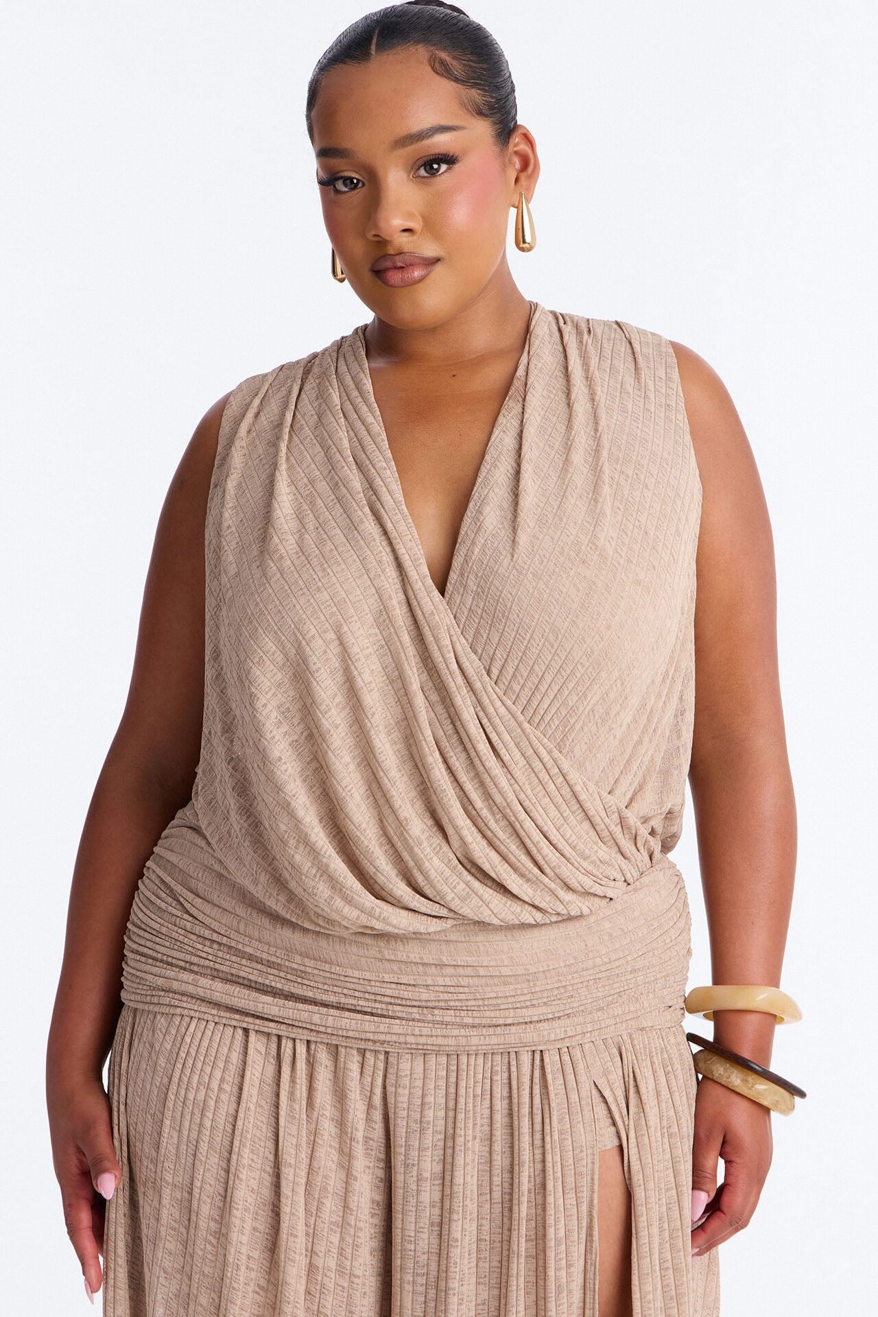 Romy Beaded Wide Leg Slit Jumpsuit - Taupe