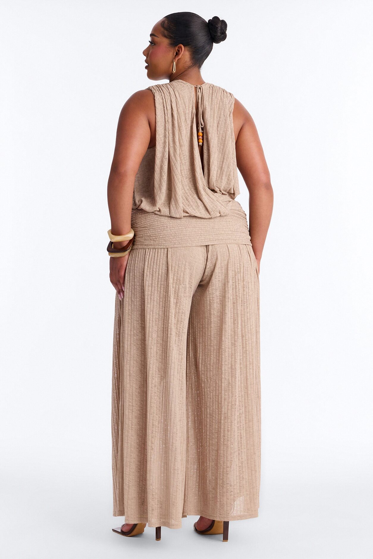 Romy Beaded Wide Leg Slit Jumpsuit - Taupe