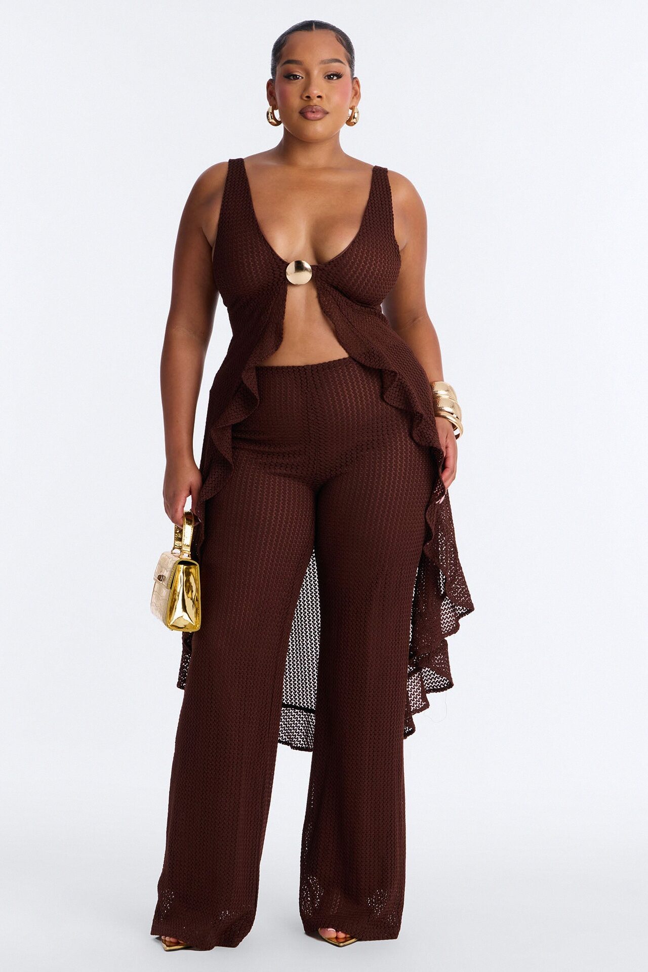 Jenni Flowy Crochet Pant Set - Chocolate