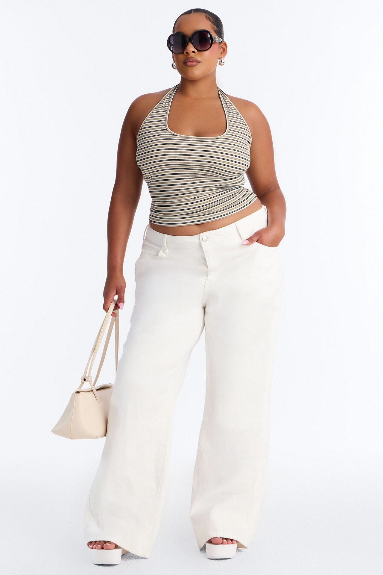 Lulu Ribbed Striped Scoop Neck Halter Top - Olive/combo