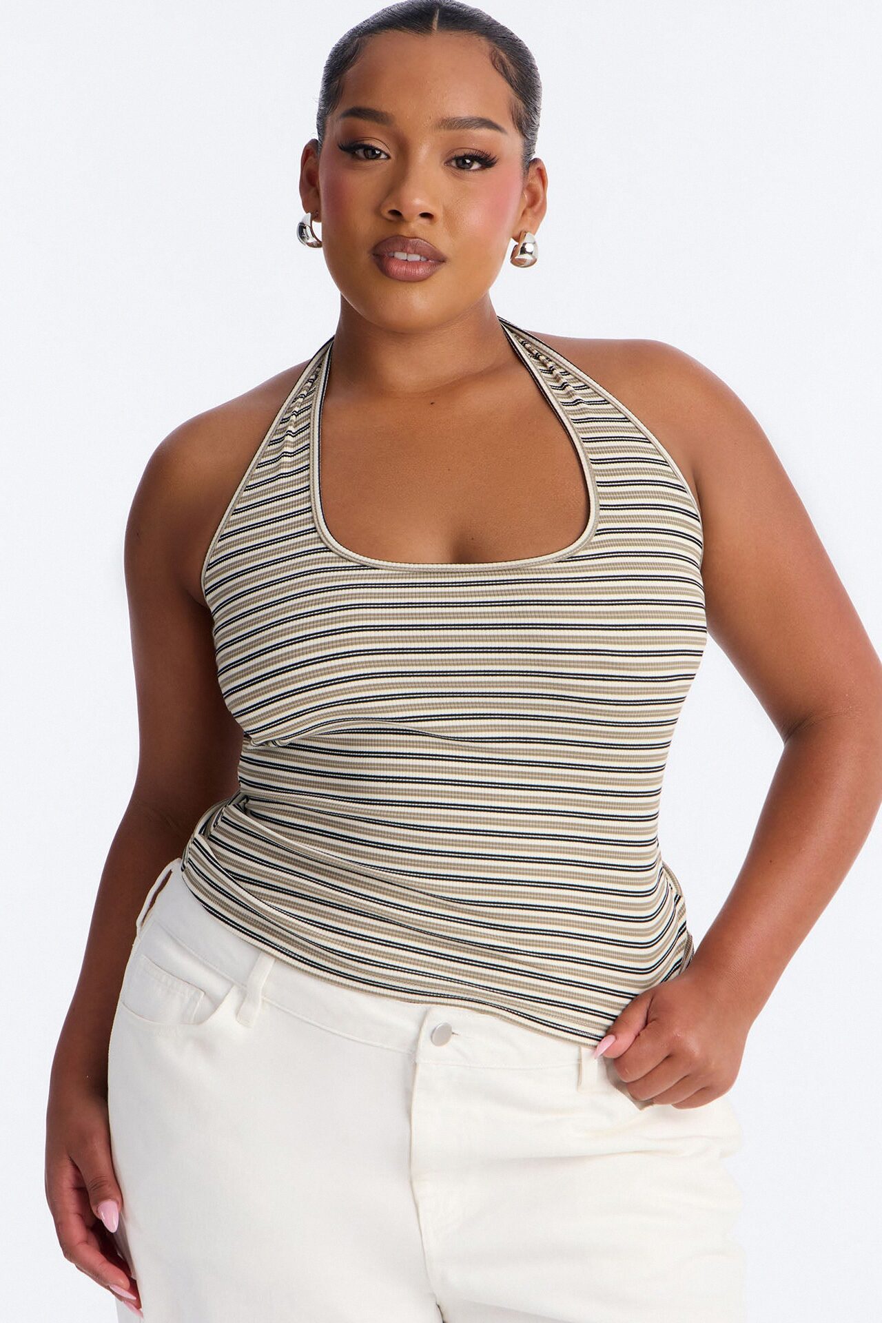 Lulu Ribbed Striped Scoop Neck Halter Top - Olive/combo