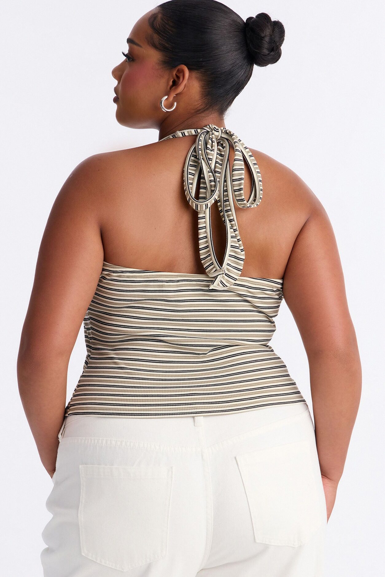 Lulu Ribbed Striped Scoop Neck Halter Top - Olive/combo