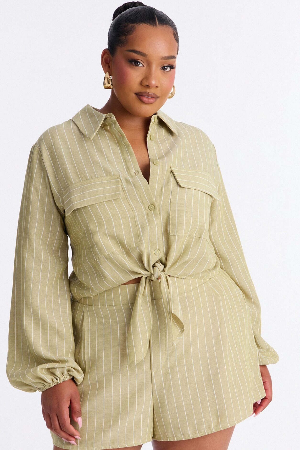 Kat Linen Button Up Short Set - Sage