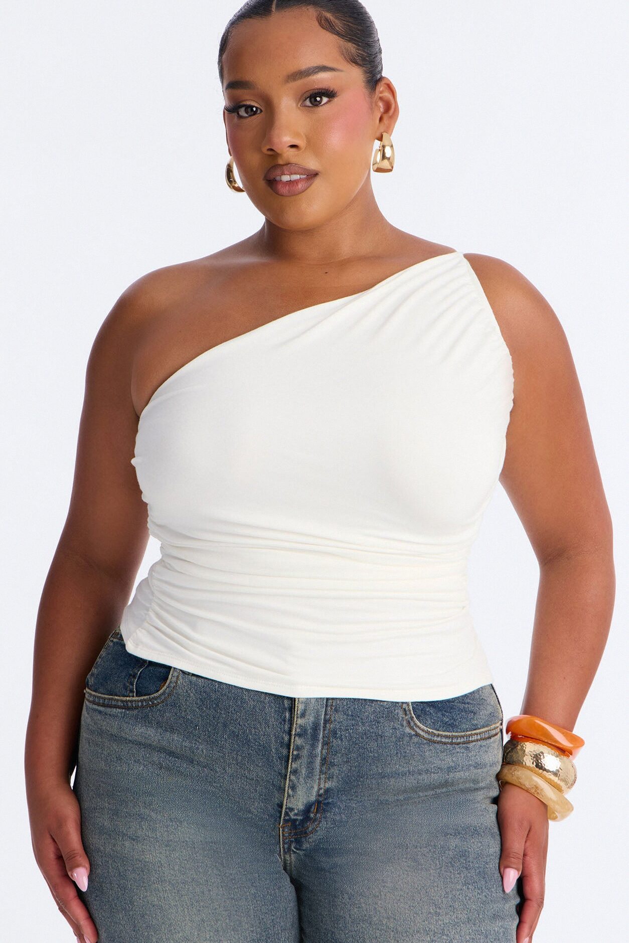 Kehlani One Shoulder Ruched Sleeveless Top - White