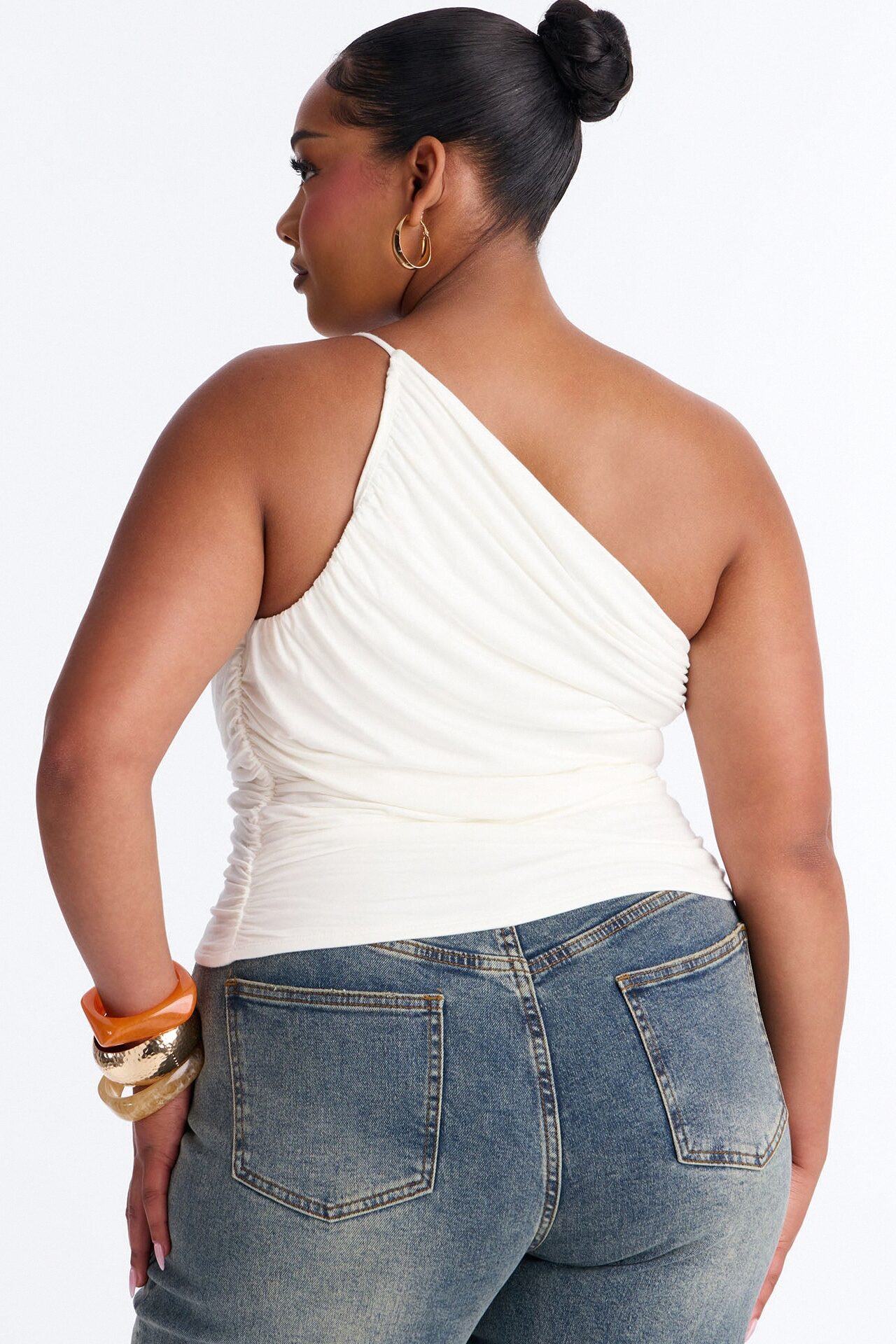 Kehlani One Shoulder Ruched Sleeveless Top - White