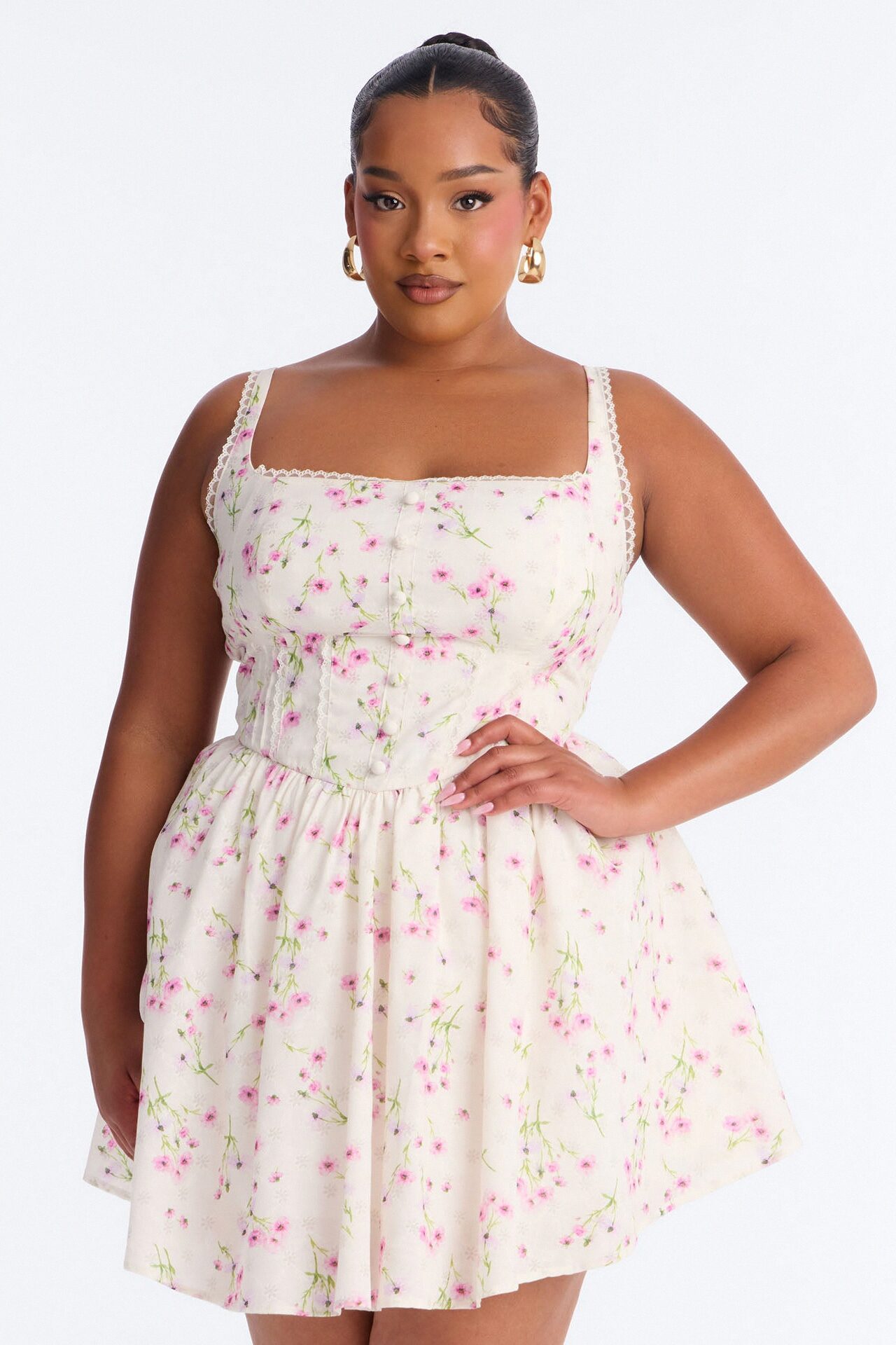 Madison Lace Trim Floral Mini Dress - Pink