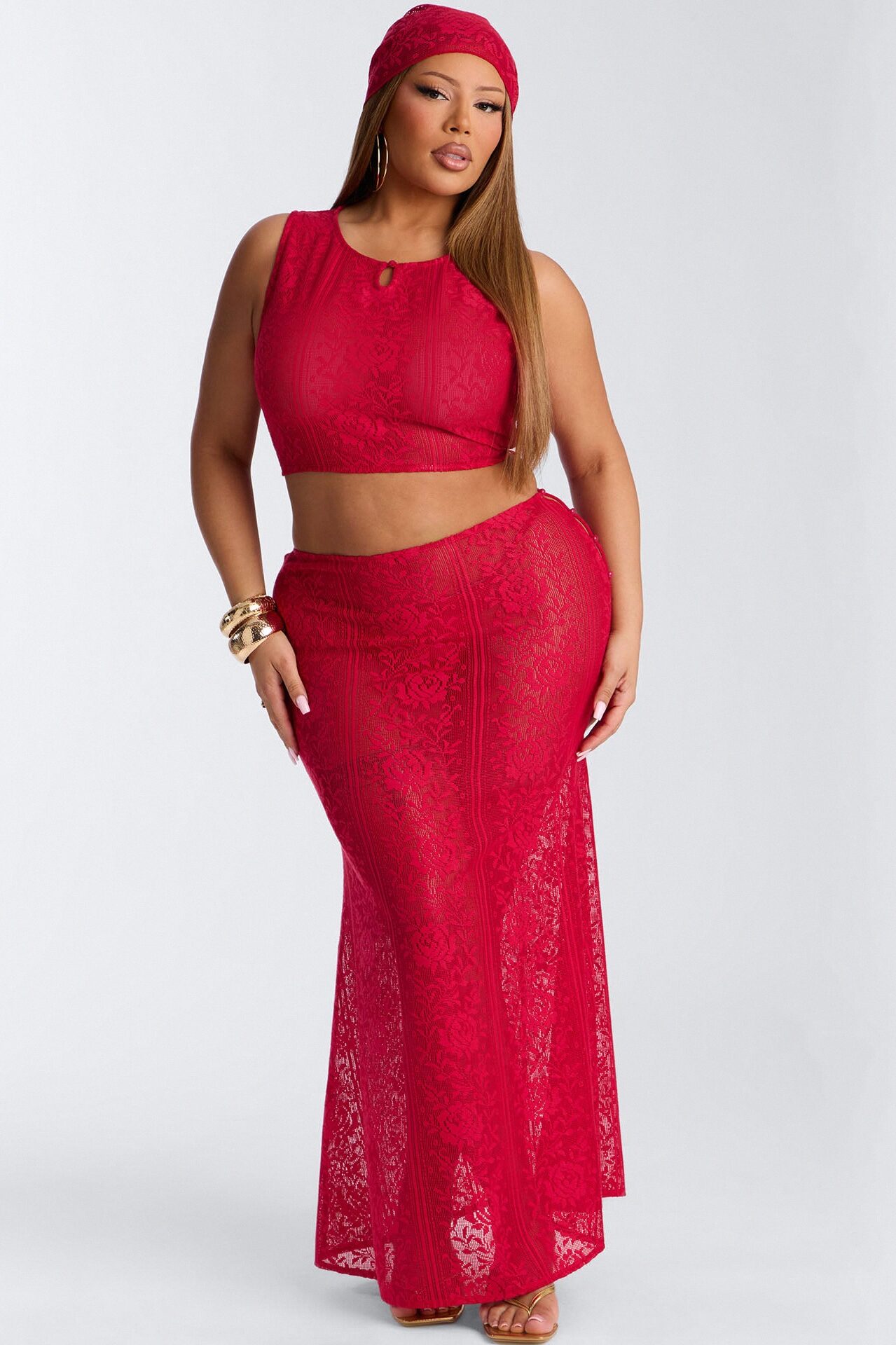 Alexis 3 Piece Lace Maxi Skirt Set - Red