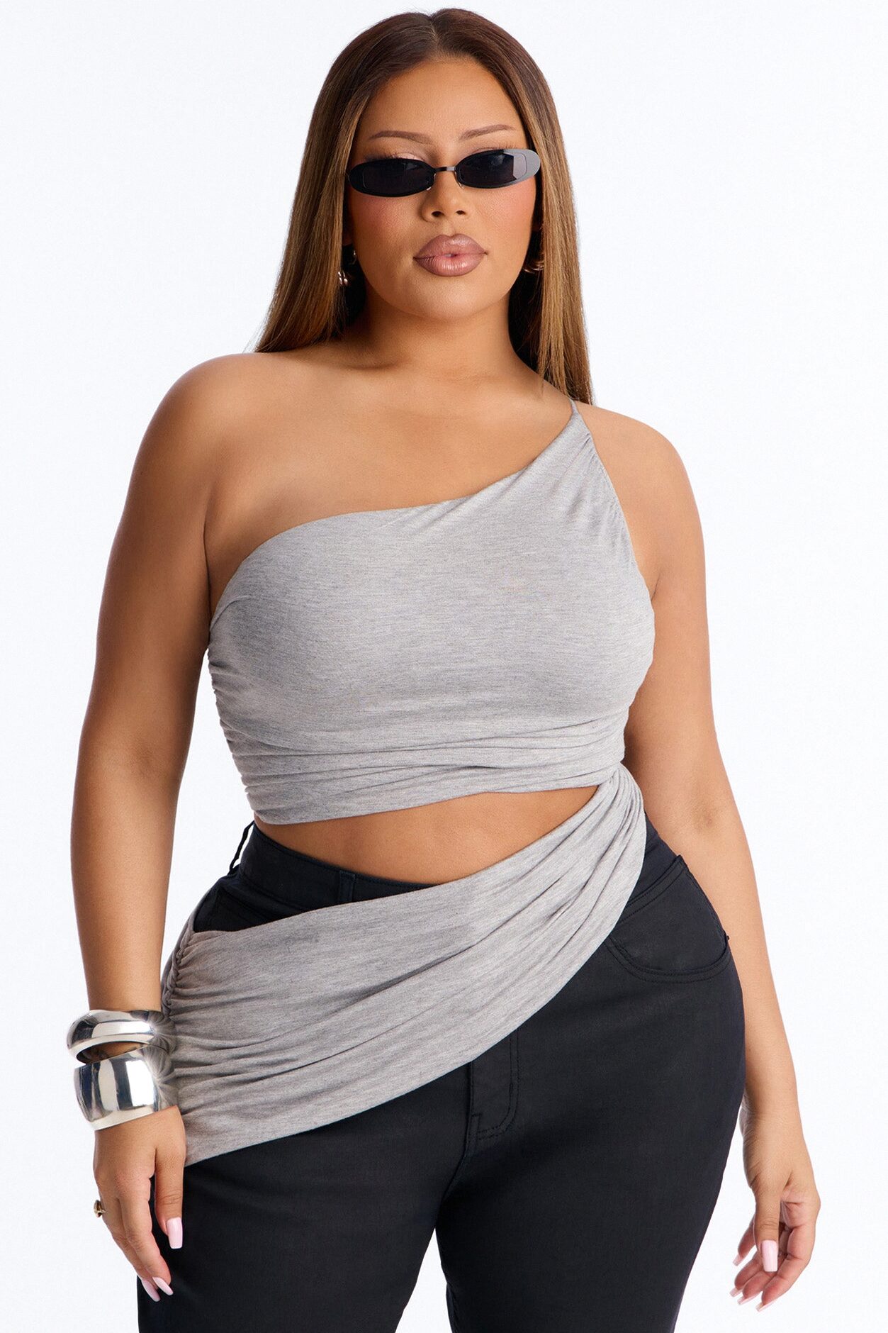 Sierra Ruched One Shoulder Drape Top - Heather Grey
