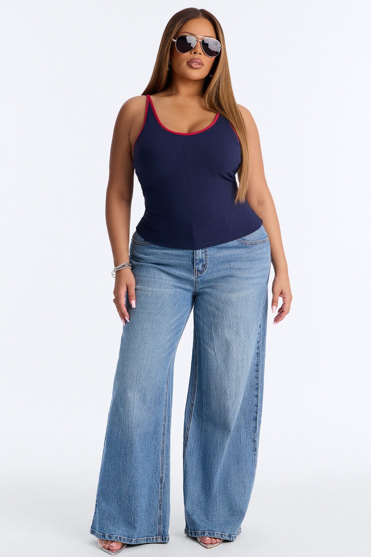 Boat Days Ribbed Padded Scoop Neck Tank Top - Navy/combo