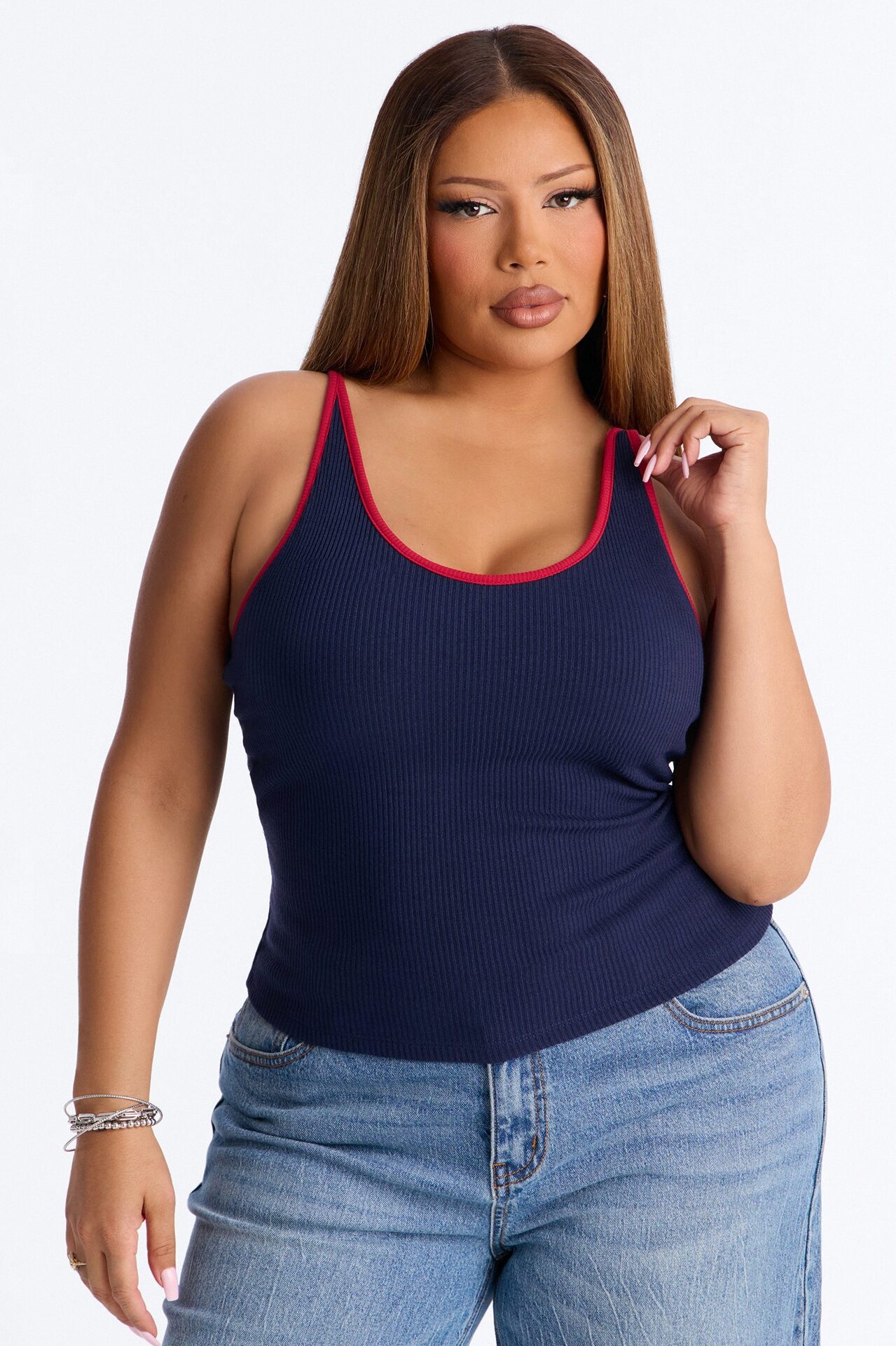 Boat Days Ribbed Padded Scoop Neck Tank Top - Navy/combo