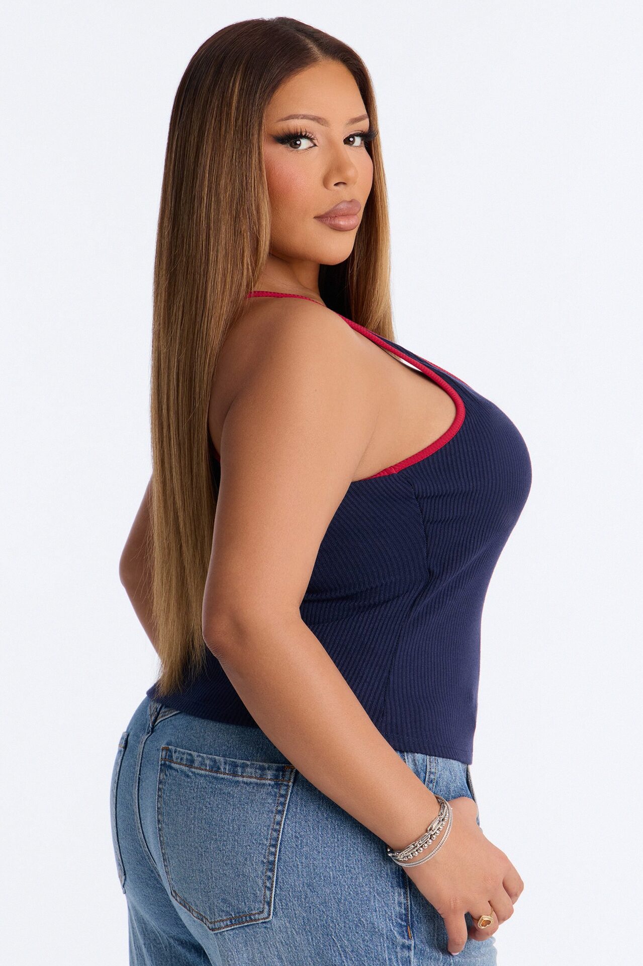 Boat Days Ribbed Padded Scoop Neck Tank Top - Navy/combo