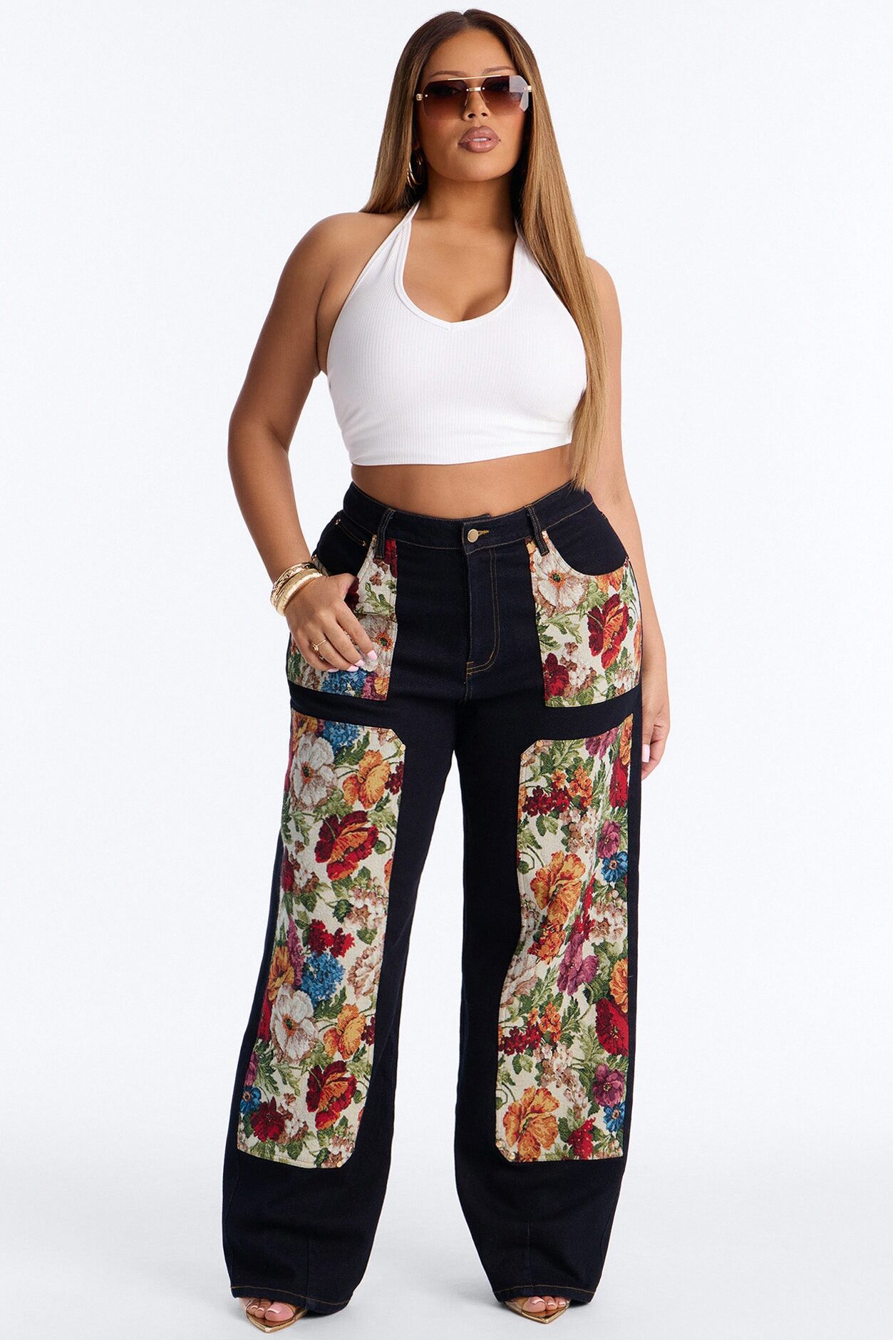 Heirloom Bloom Tapestry Utility Straight Leg Jeans - Dark Denim