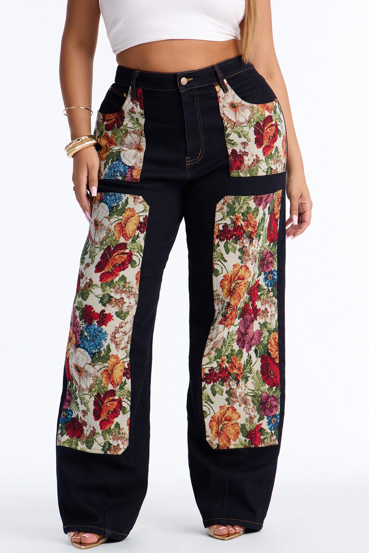 Heirloom Bloom Tapestry Utility Straight Leg Jeans - Dark Denim