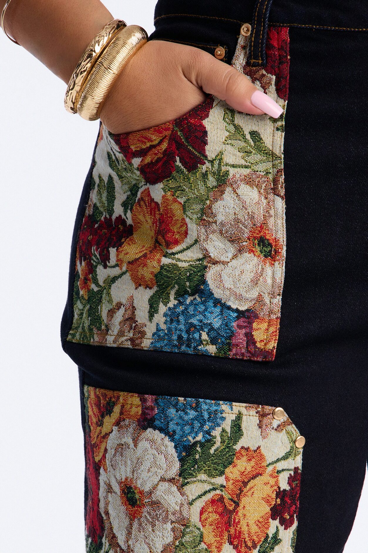 Heirloom Bloom Tapestry Utility Straight Leg Jeans - Dark Denim