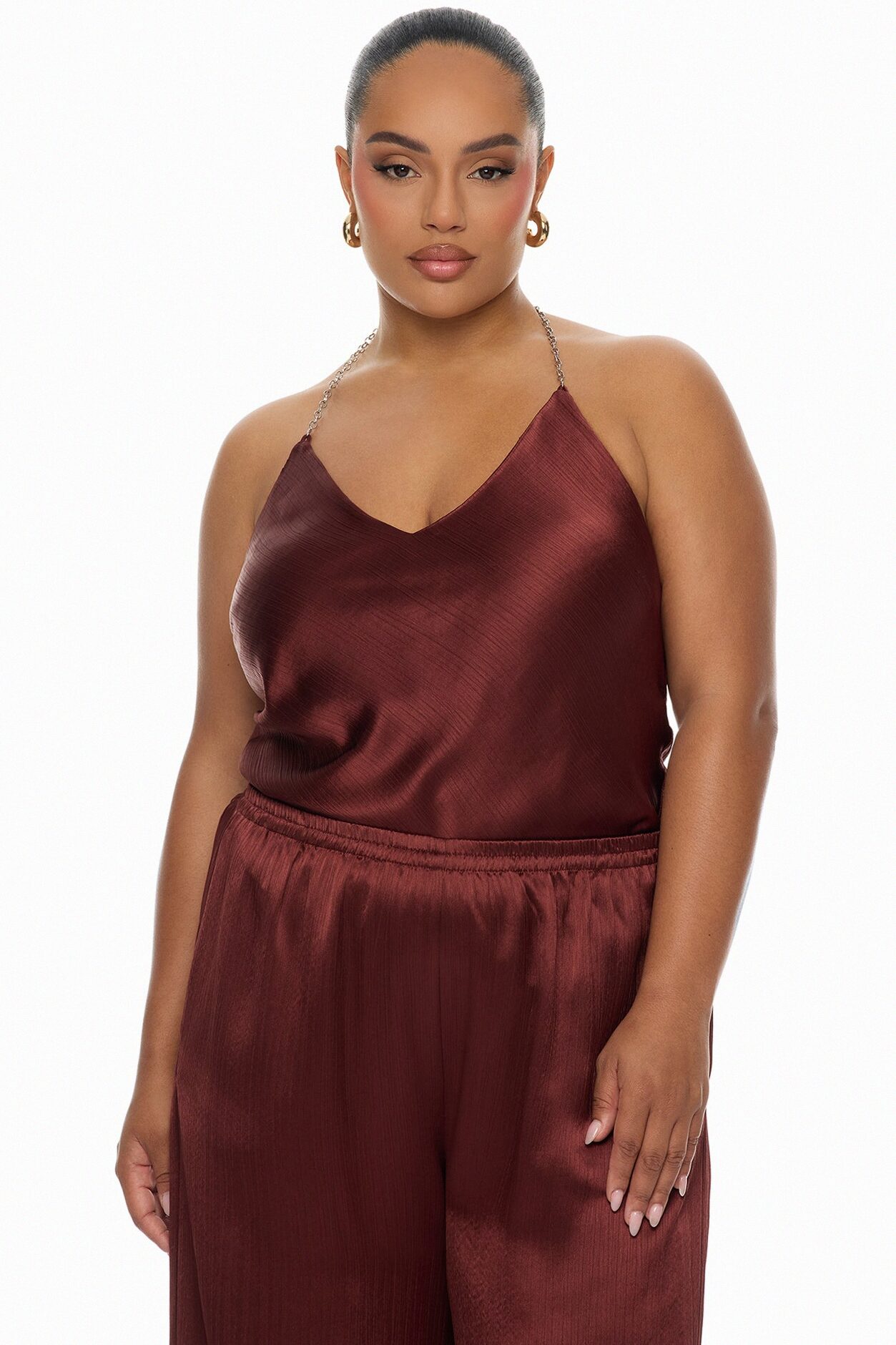 Nicolette Satin Halter Top - Brick Red