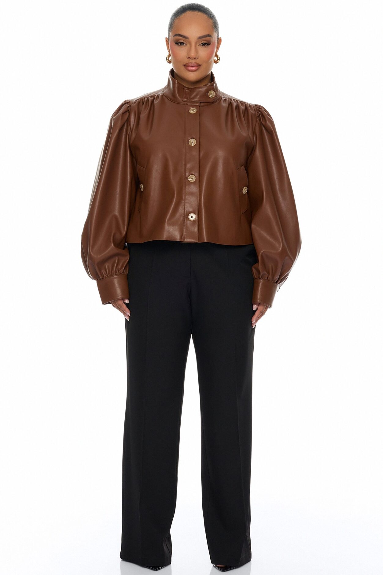 Marnie Balloon Sleeve Faux Leather Jacket - Brown