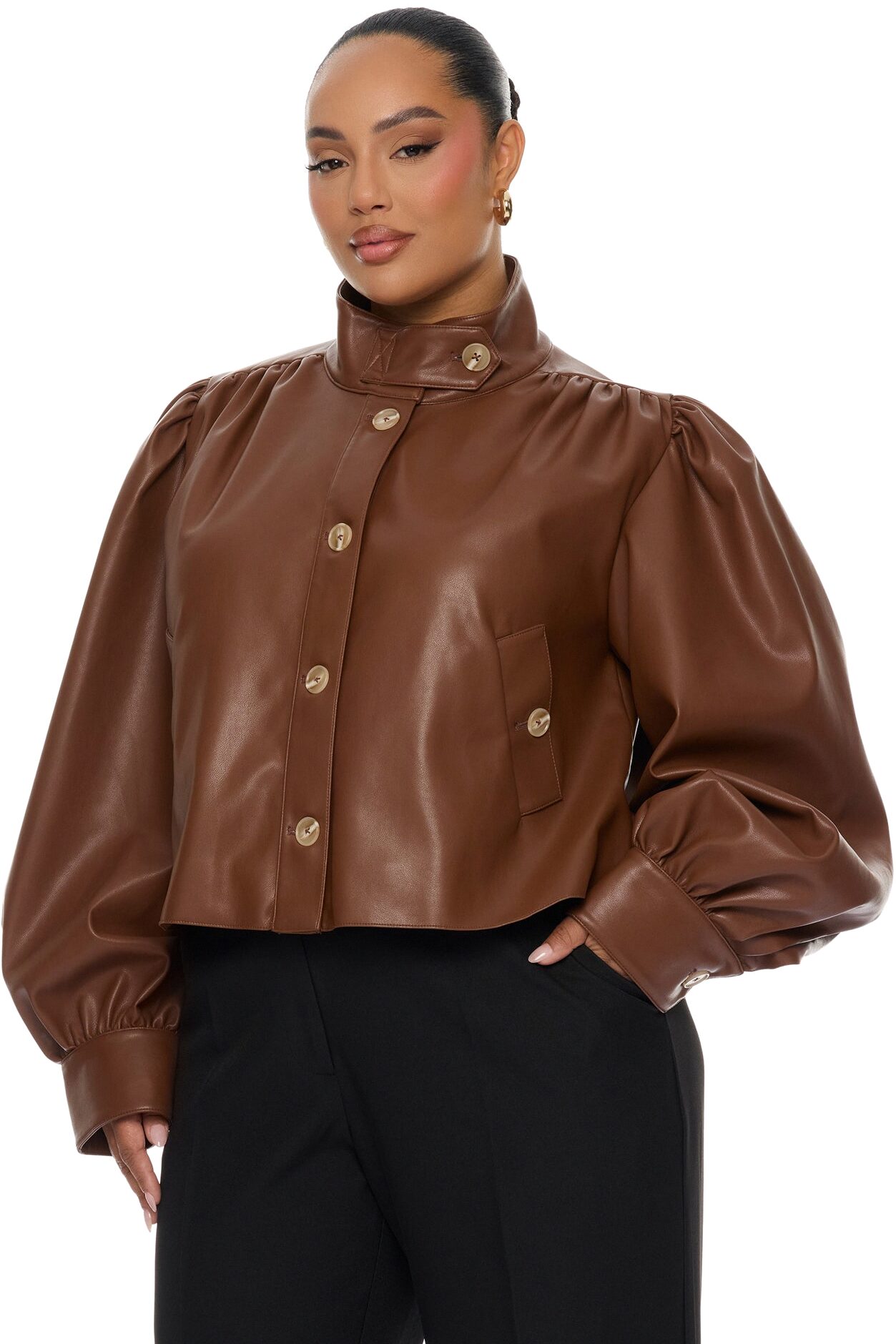 Marnie Balloon Sleeve Faux Leather Jacket - Brown
