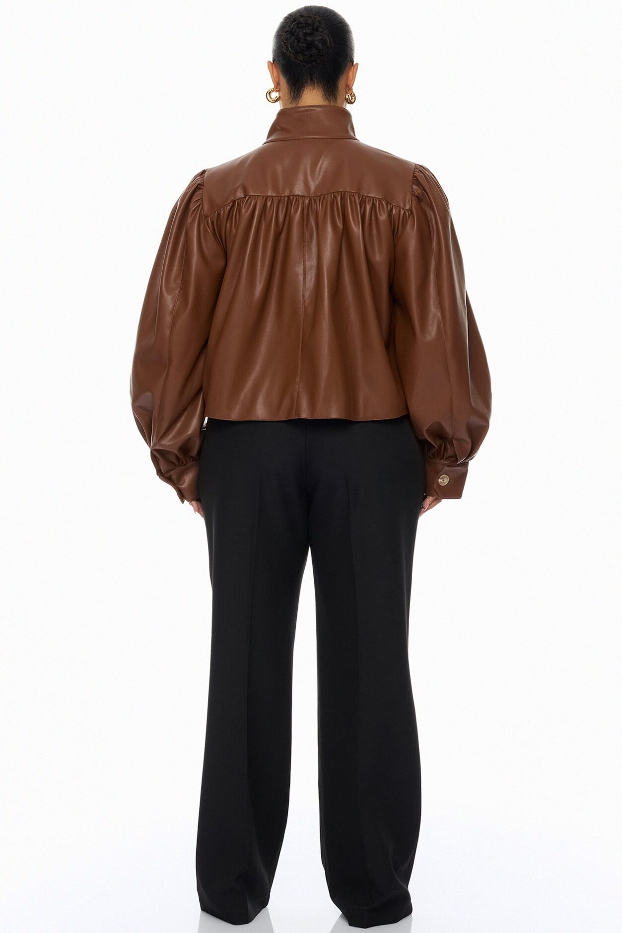 Marnie Balloon Sleeve Faux Leather Jacket - Brown