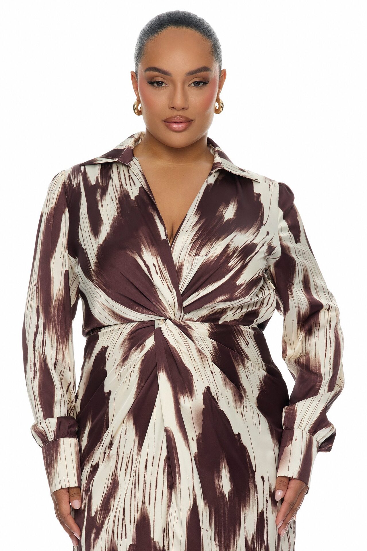 Sashira Collared Satin Maxi Dress - Brown/combo