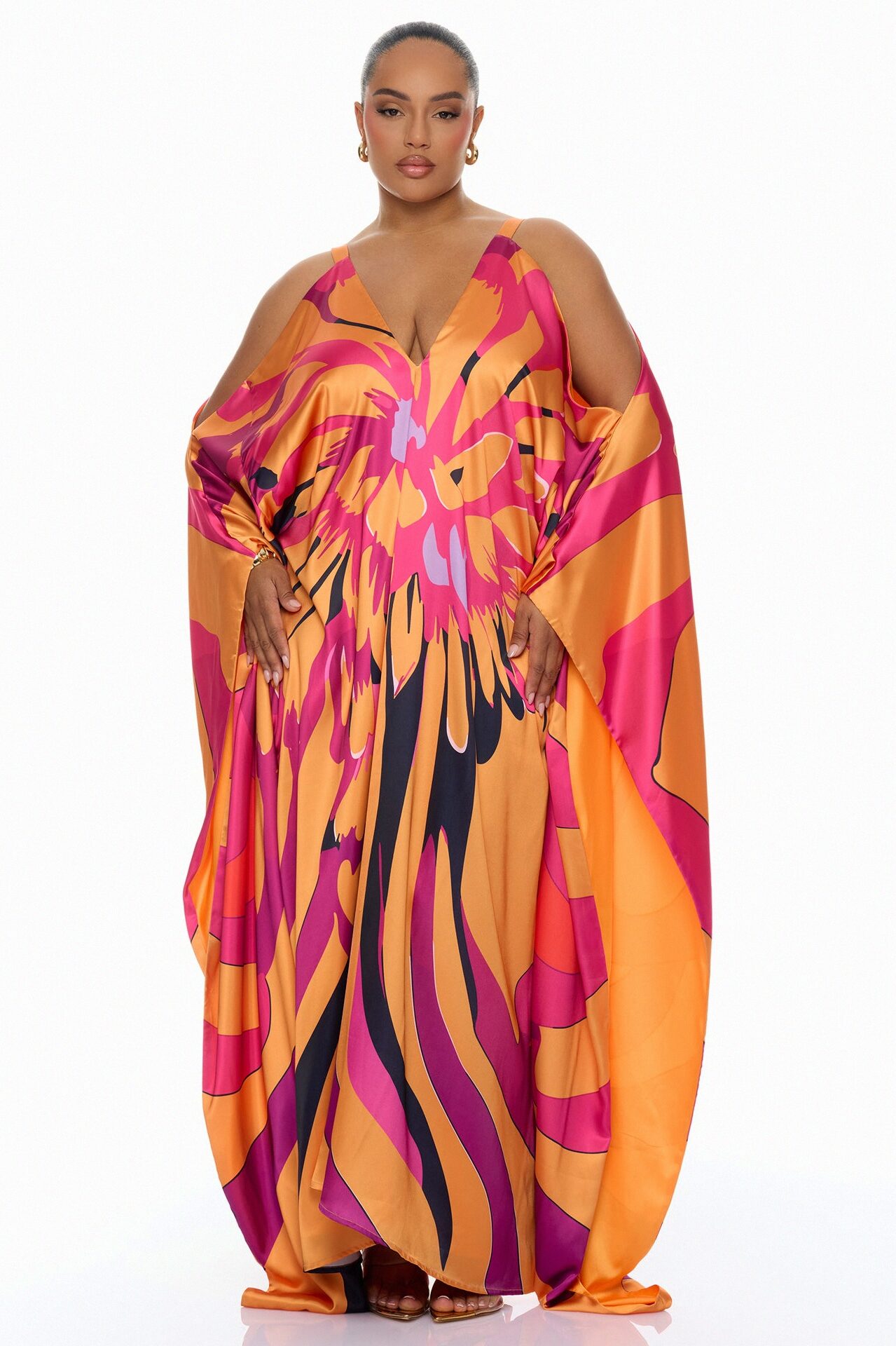 Resort And Repeat Satin Kaftan Dress - Orange/combo