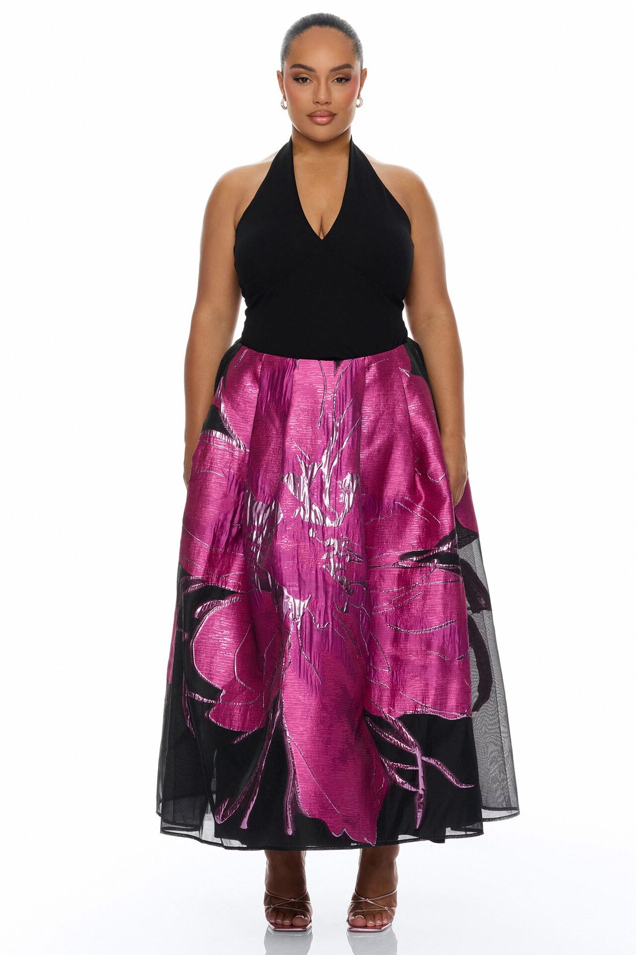 Tea Party Halter Jacquard Maxi Dress - Magenta/combo