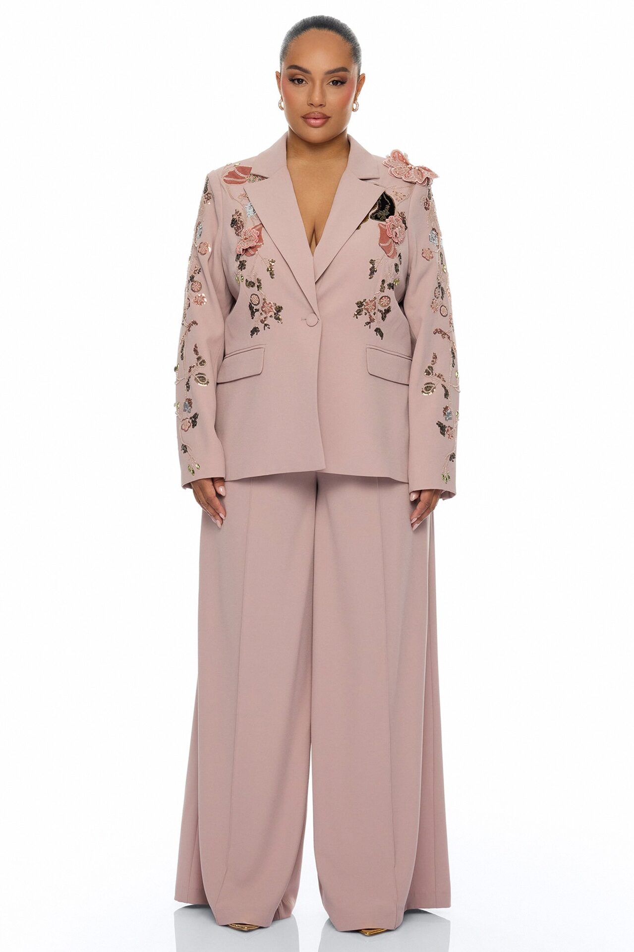 Indie Embellished Blazer Pant Set - Mauve