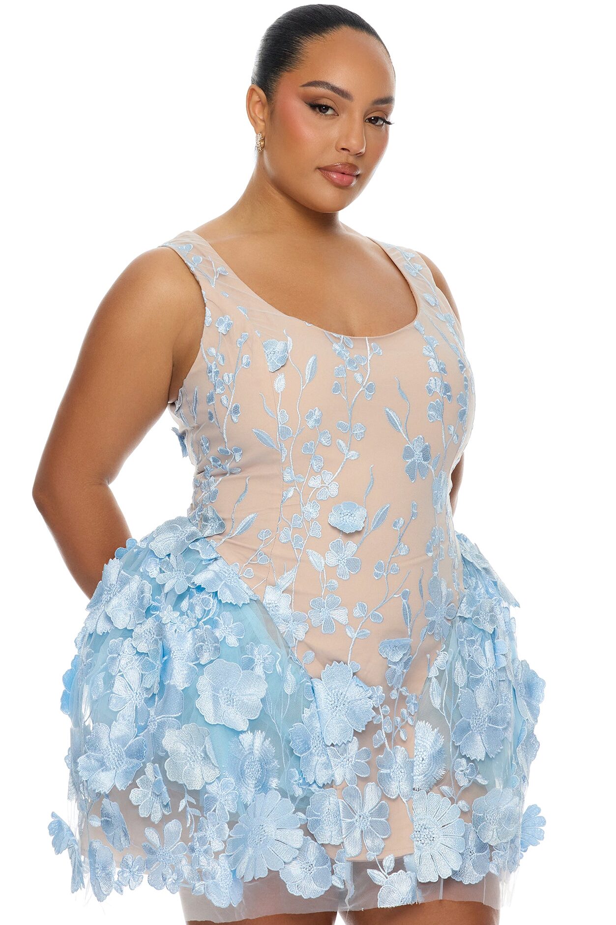 Garden Grace Floral Embroidered Mini Dress - Light Blue