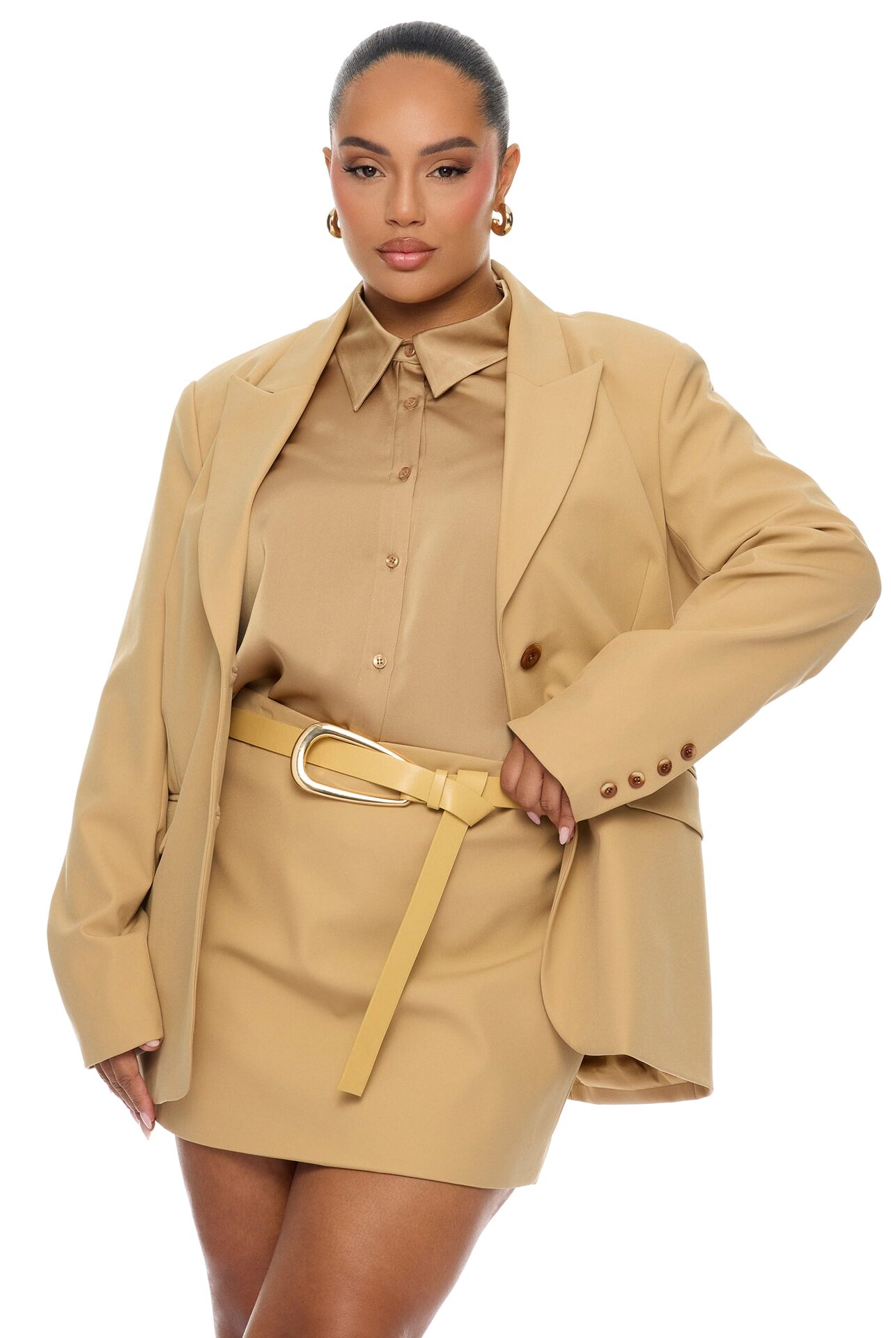Raelynn 3 Piece Blazer Skirt Set - Camel