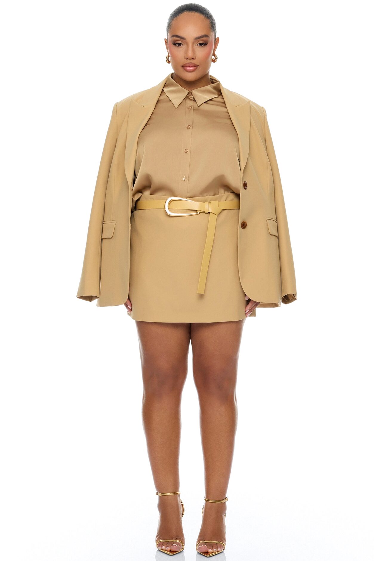 Raelynn 3 Piece Blazer Skirt Set - Camel
