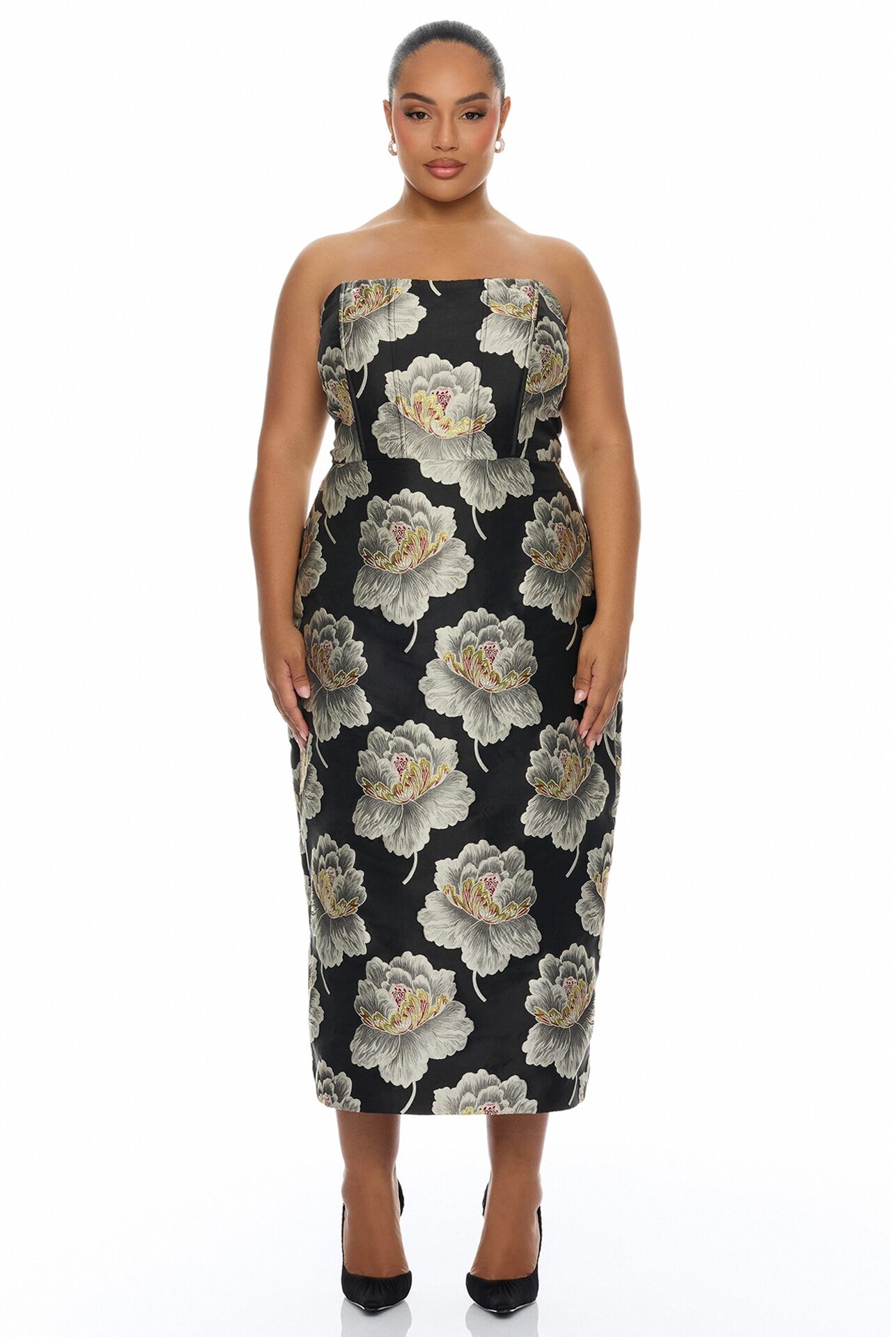 Fiora Strapless Jacquard Midi Dress - Black/combo