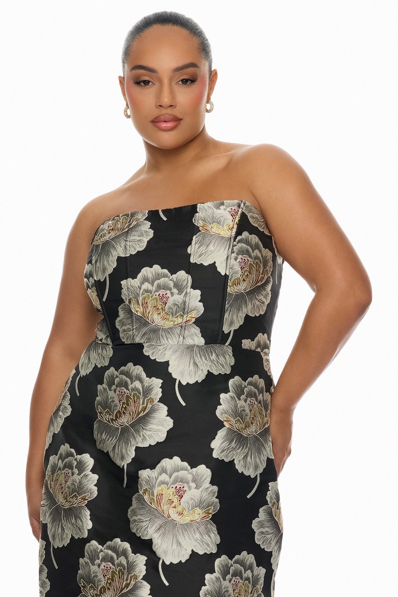 Fiora Strapless Jacquard Midi Dress - Black/combo