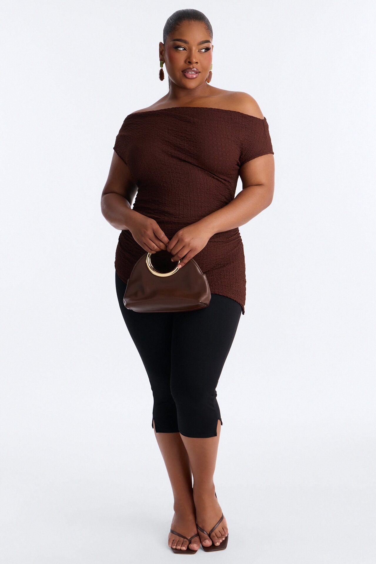 Tropical Tease Textured Off Shoulder Short Sleeve Top - Brown
