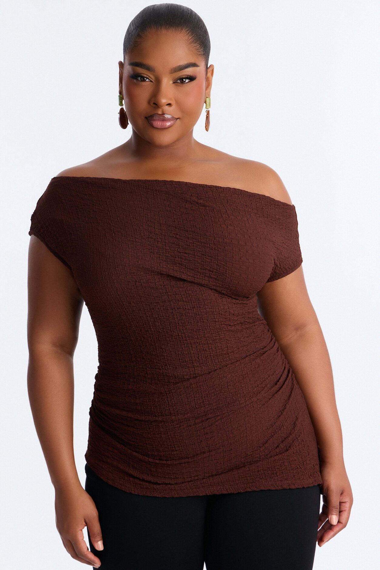Tropical Tease Textured Off Shoulder Short Sleeve Top - Brown