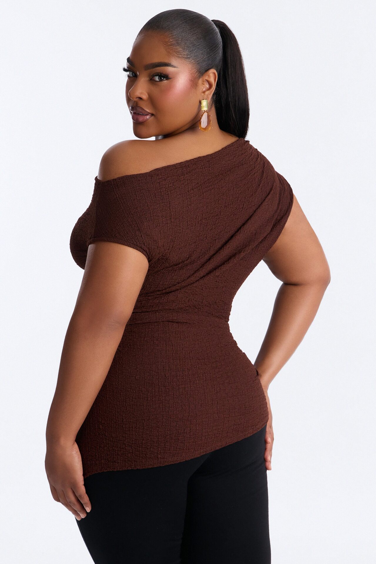 Tropical Tease Textured Off Shoulder Short Sleeve Top - Brown