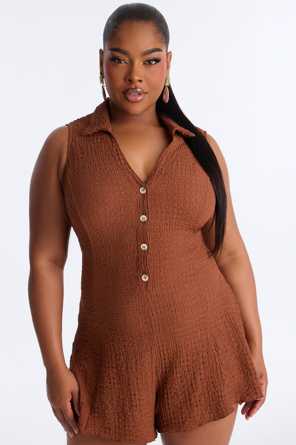 Rosa Textured Sleeveless Romper - Chocolate