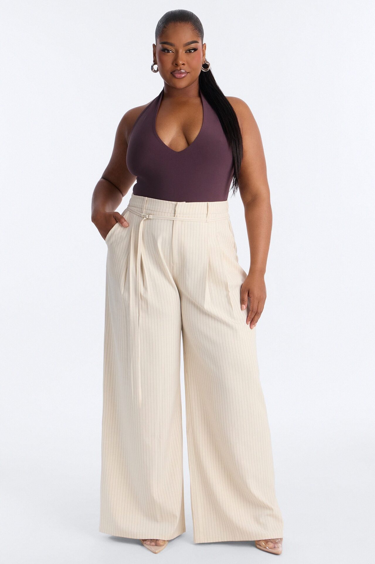 Old Money Feel Pinstripe Belted Trouser Pant 33″ - Beige