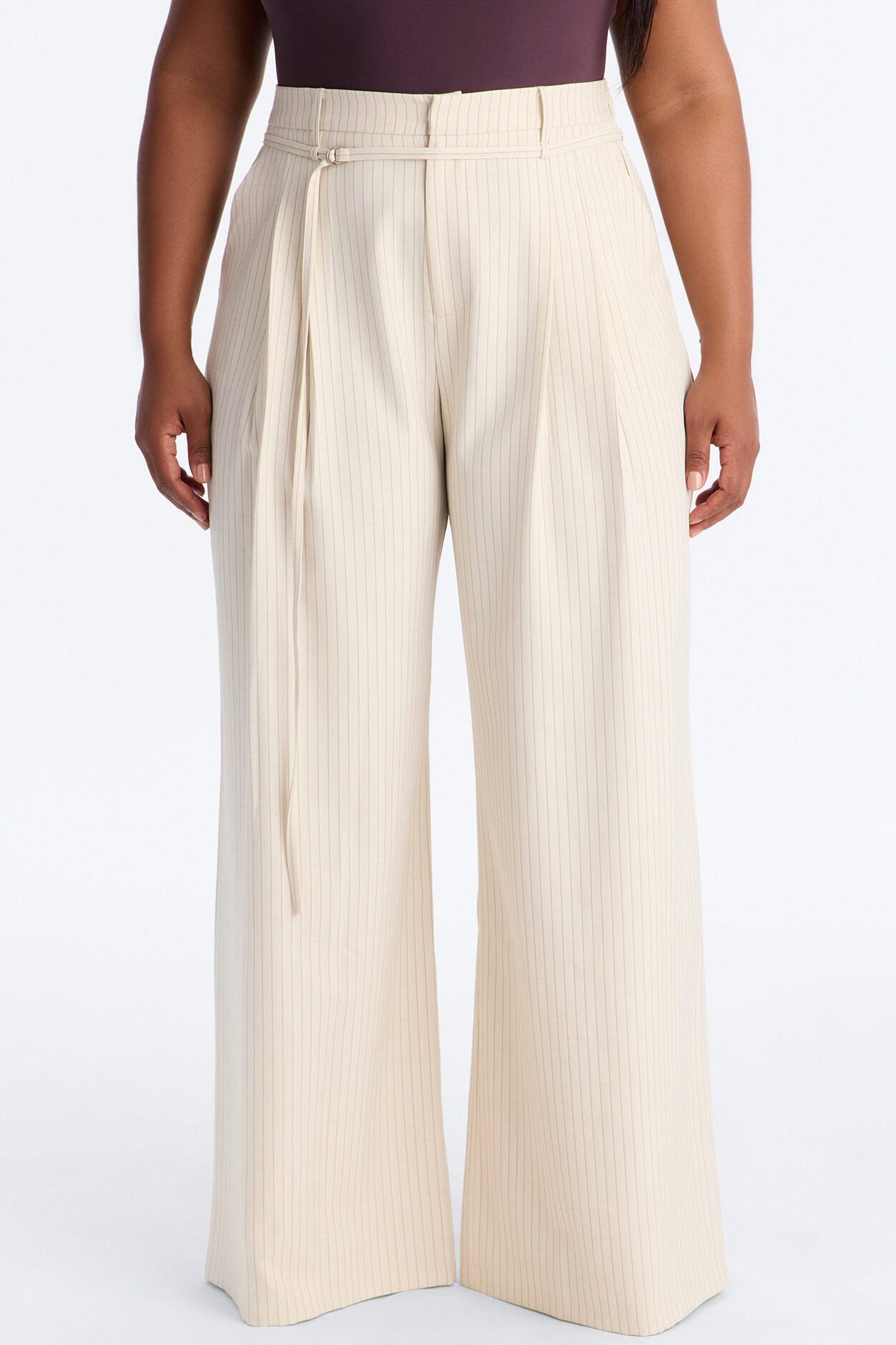Old Money Feel Pinstripe Belted Trouser Pant 33″ - Beige