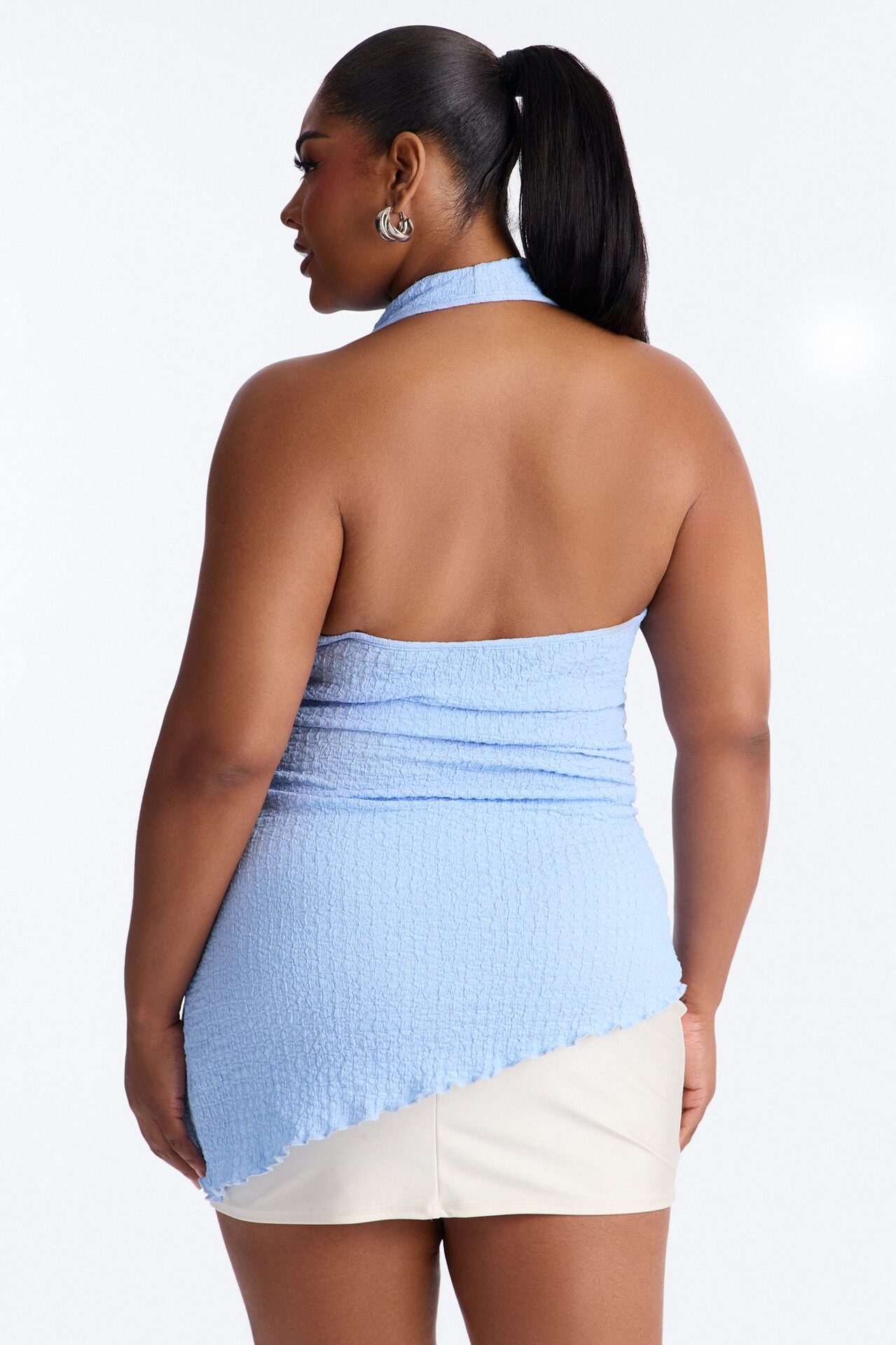 Isa Textured Cowl Neck Asymmetrical Halter Top - Light Blue