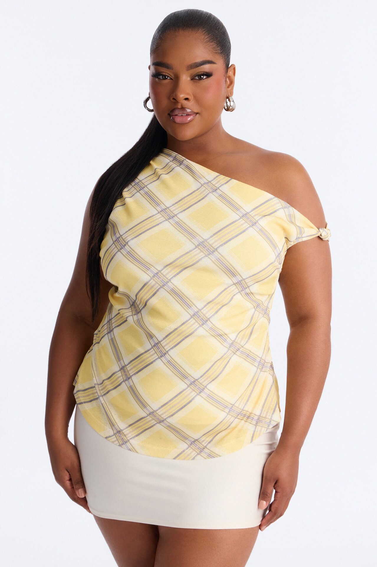 Elevated Life One Shoulder Ruched Plaid Top - Yellow/combo