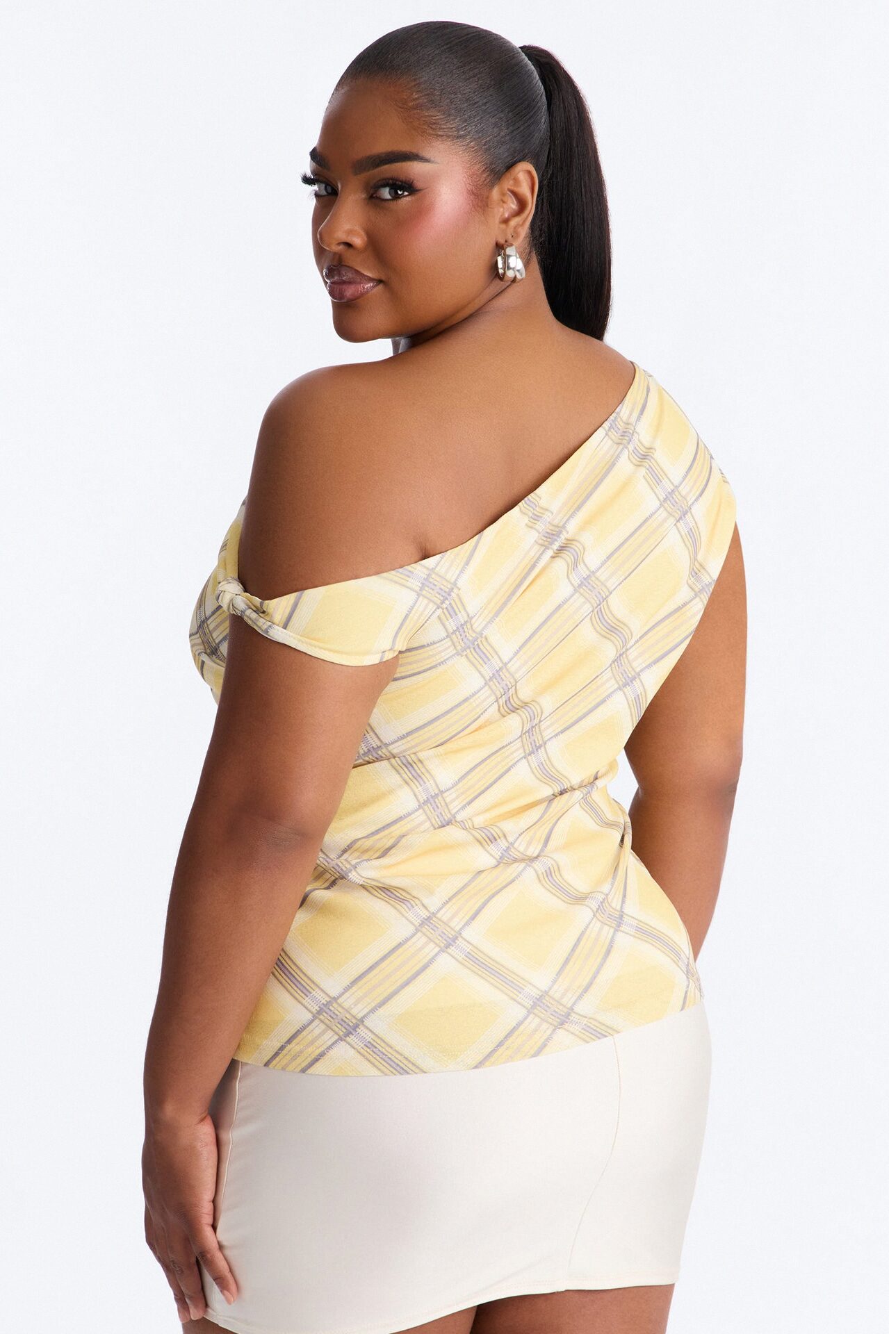 Elevated Life One Shoulder Ruched Plaid Top - Yellow/combo