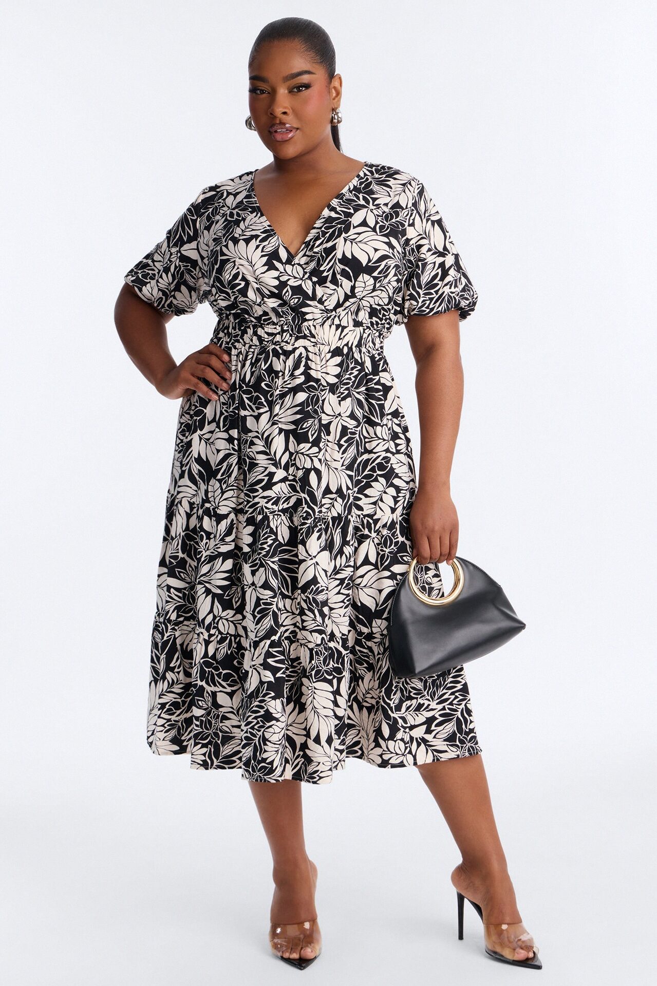 Elena Printed Midi Dress - Black/White
