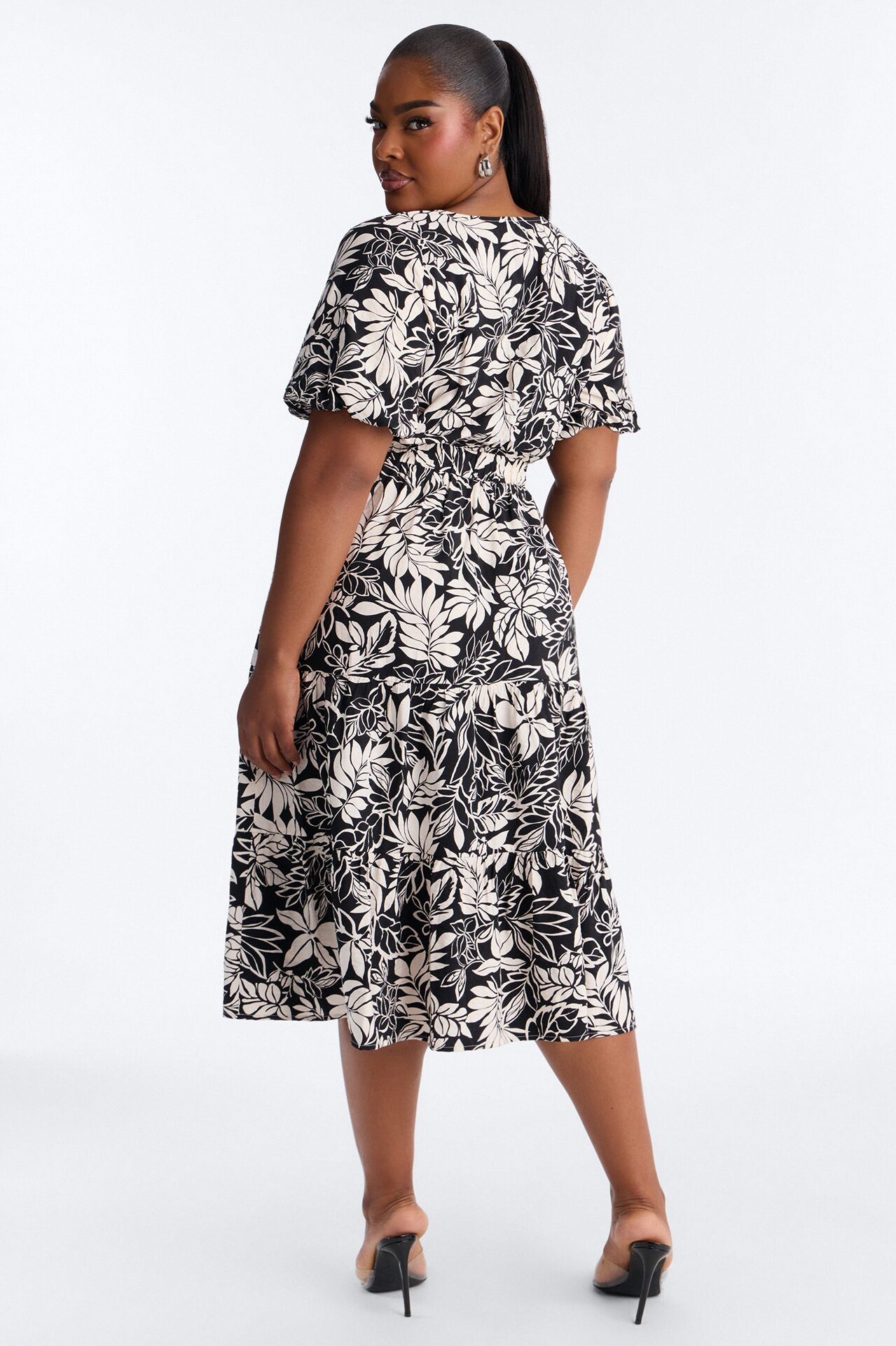 Elena Printed Midi Dress - Black/White