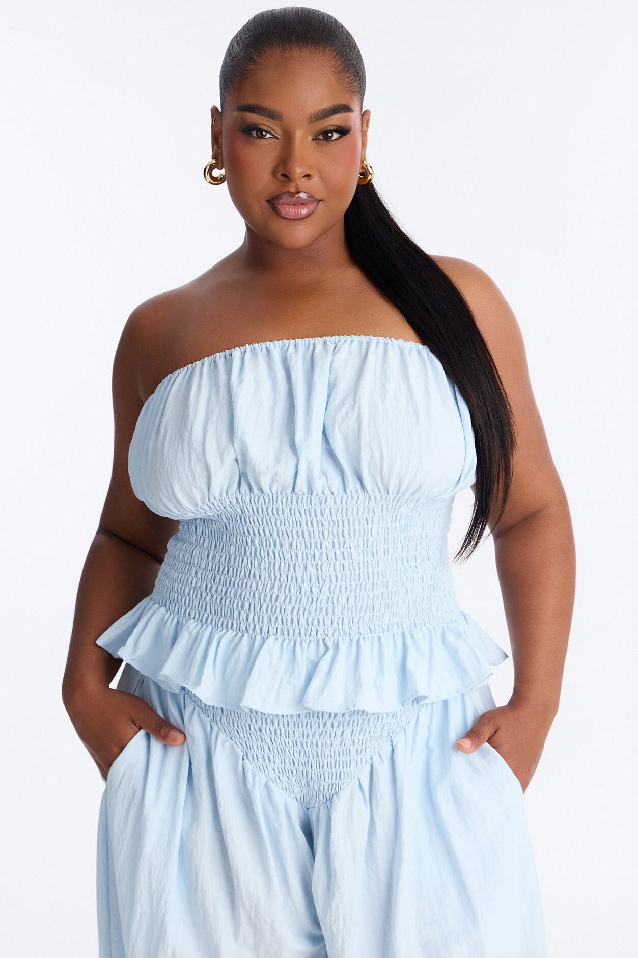 Pretty Thing Peplum Smocked Balloon Pant Set - Light Blue
