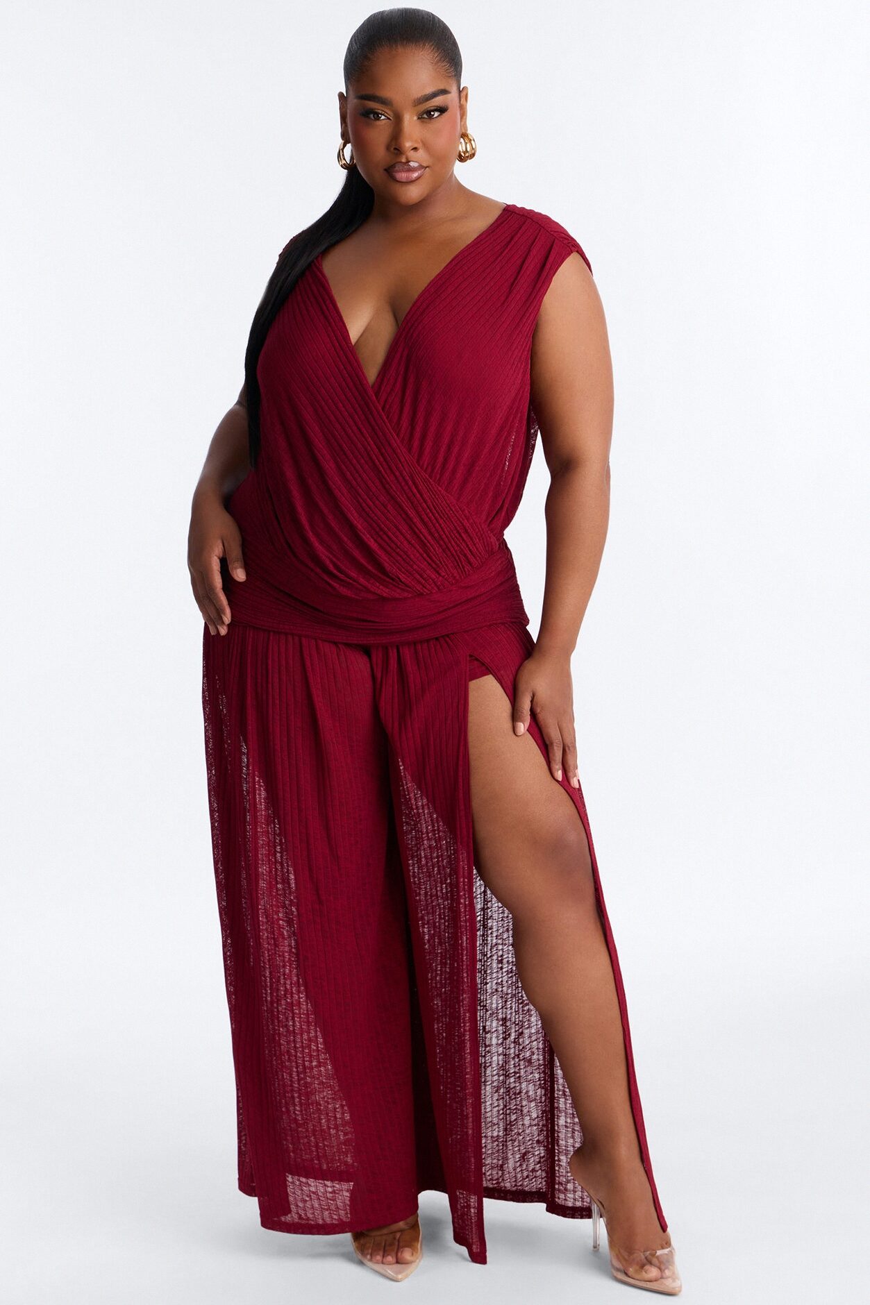 Romy Beaded Wide Leg Slit Jumpsuit - Wine