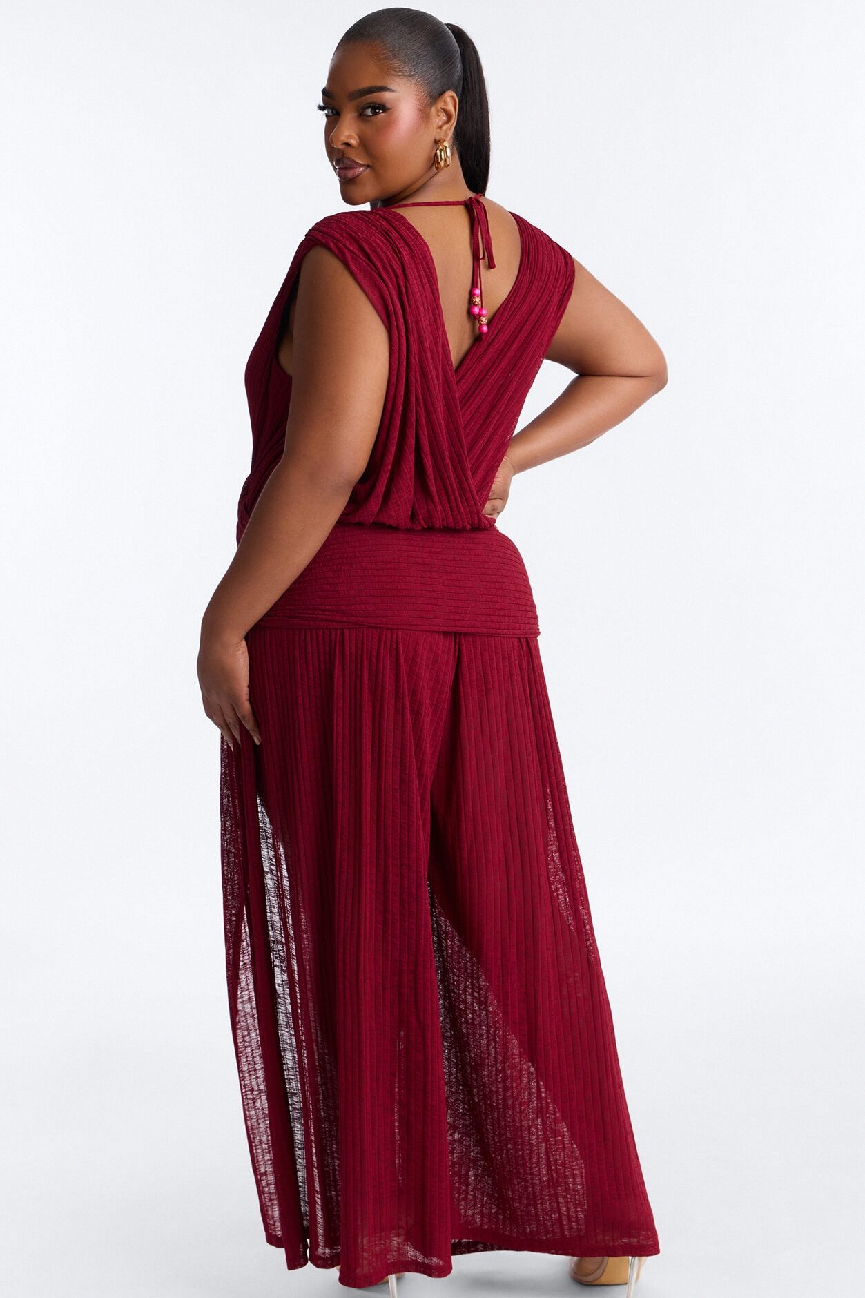 Romy Beaded Wide Leg Slit Jumpsuit - Wine