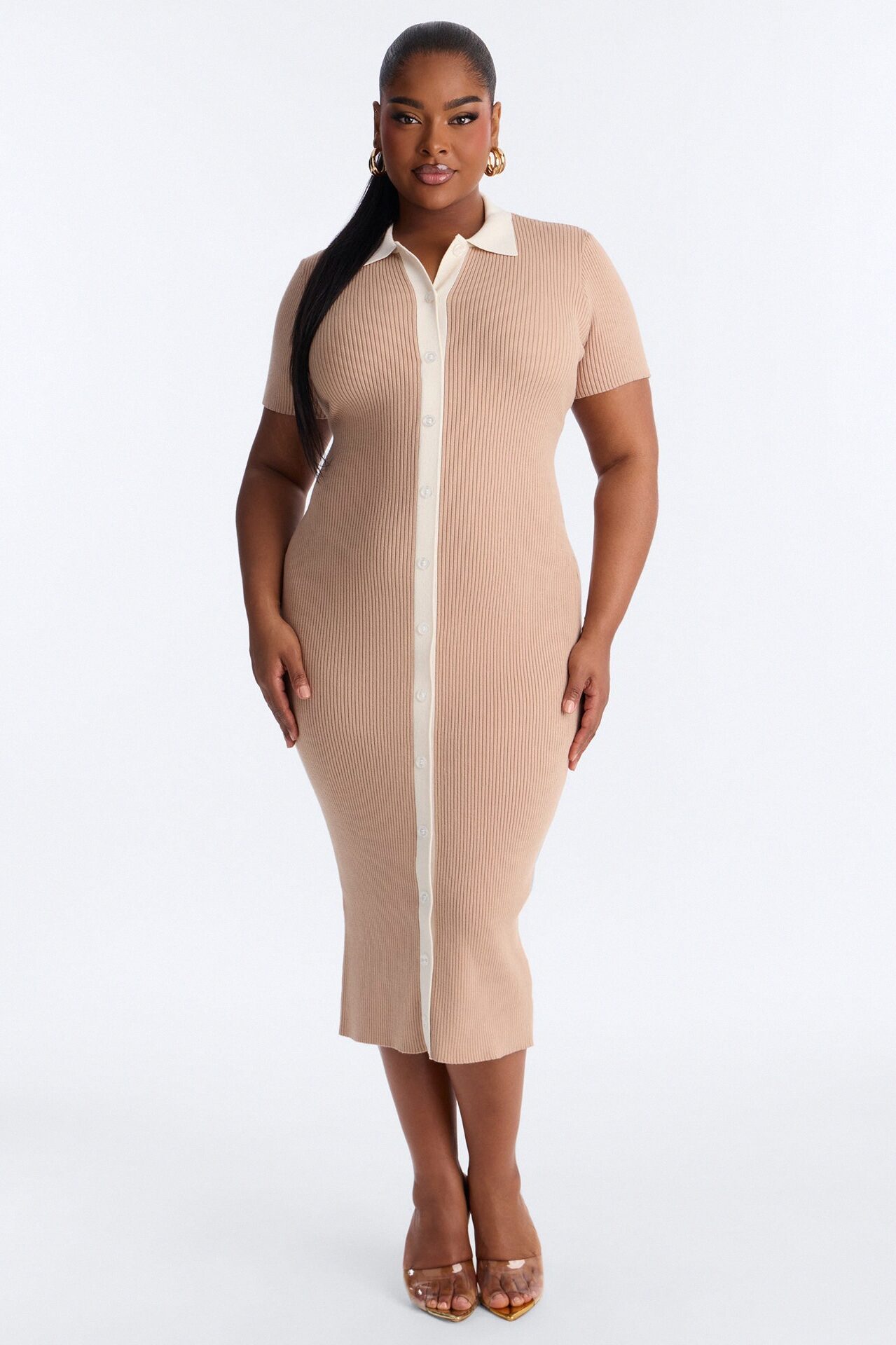 Ciao Bella Short Sleeve Sweater Midi Dress - Mocha/combo