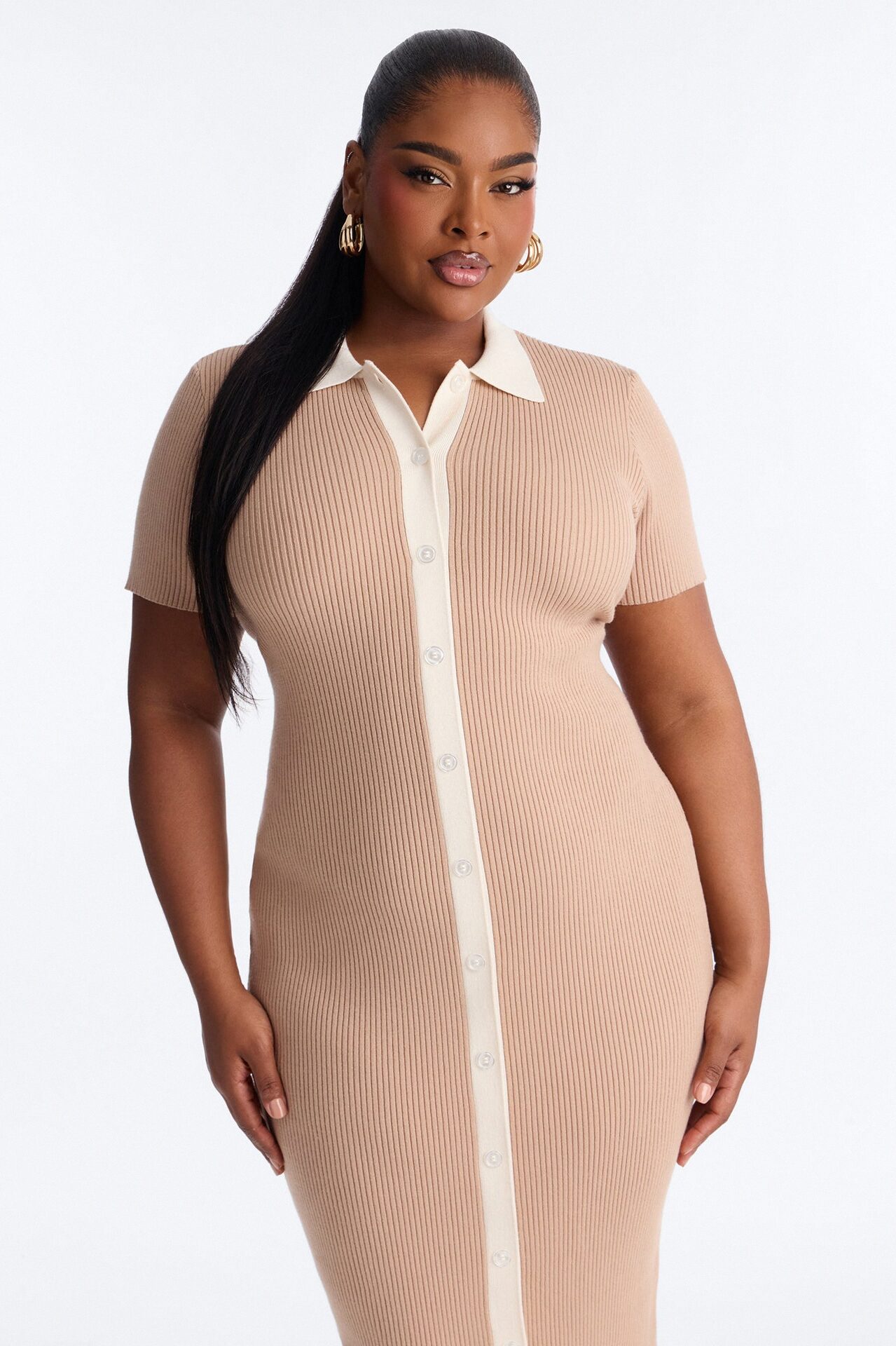 Ciao Bella Short Sleeve Sweater Midi Dress - Mocha/combo